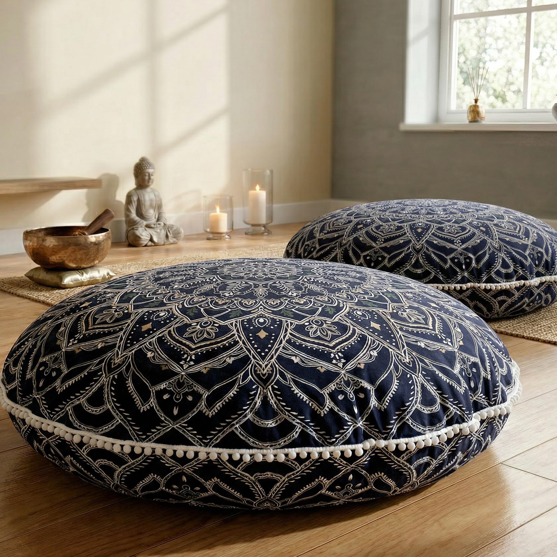 Codi Floor Pillows for Adults & Teens Set of 2, Large Boho Meditation Cushions with Memory Foam, Round Mandala Seating for Yoga, Home Office, Dorm Room, Washable, 32 Inch, Coral