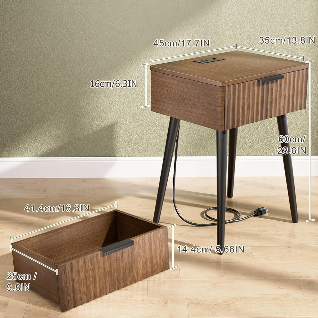HAIOOU Set of 2 Mid Century Nightstand with Charging Station, End Table Modern Side Table One Drawer with Premium Matte Black Handle and Pine Wood Legs for Home Bedroom Living Room