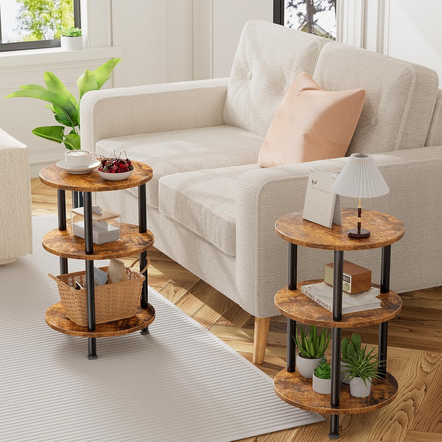 Simple Trending Side Table Living Room, Small Round End Table, 3 Tiers Accent Table for Small Spaces, Rustic Brown