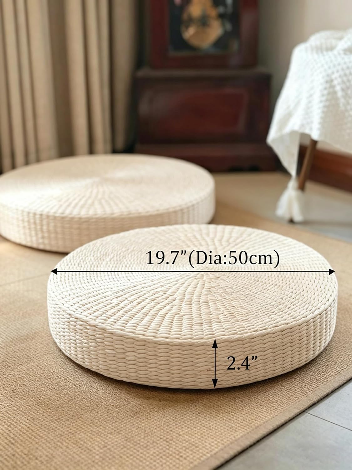 Large Round Tatami Floor Pillow, Handwoven Straw Meditation Floor Cushions for Living Room Yoga Window Seat Reading Nook Bedroom Outdoor Seat (Dia: 19.7")