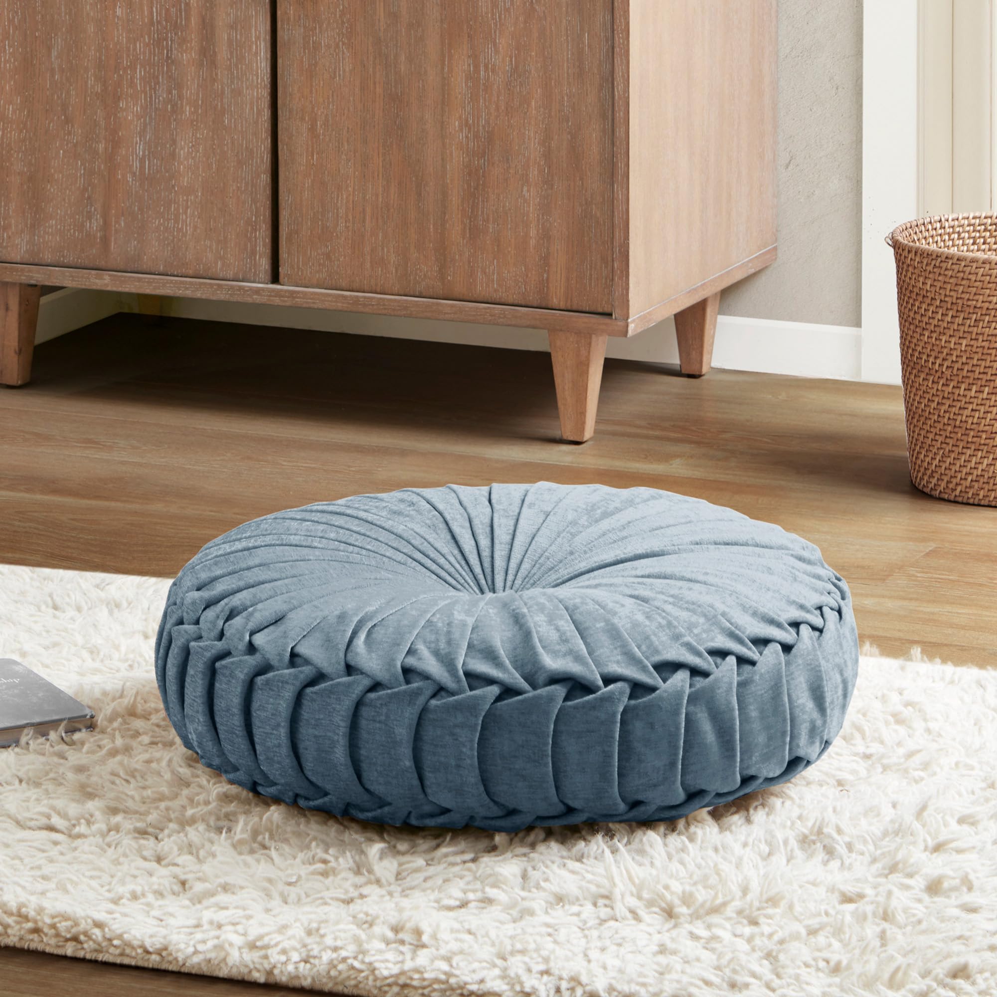 Intelligent Design Large Floor Pillow for Adults Yoga or Meditation Cushion with Handle, Floor Cushion for Board Games, Lustrous Chenille Tufted, Handsewn Scalloped Edge, Azza, 24" x 24" x 5" Ivory