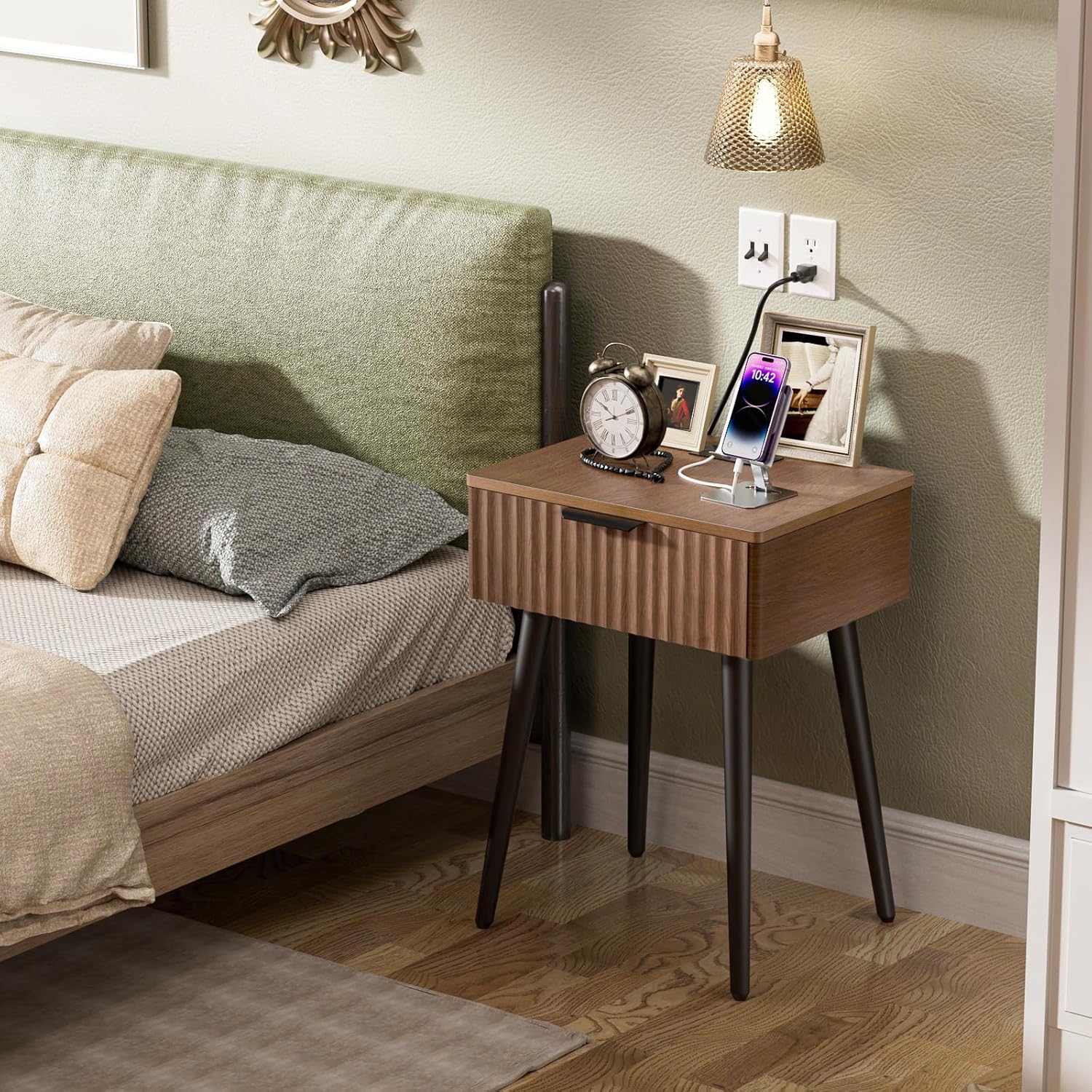 HAIOOU Set of 2 Mid Century Nightstand with Charging Station, End Table Modern Side Table One Drawer with Premium Matte Black Handle and Pine Wood Legs for Home Bedroom Living Room