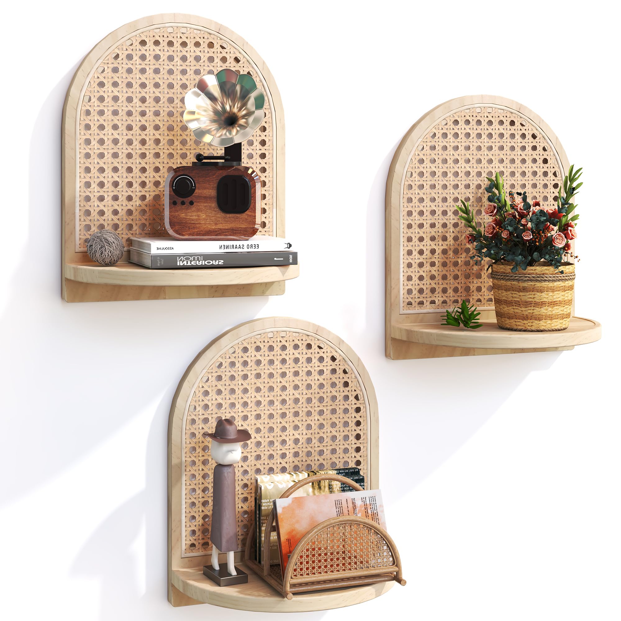 2Pcs Boho Rattan Floating Wall Shelves for Display & Storage