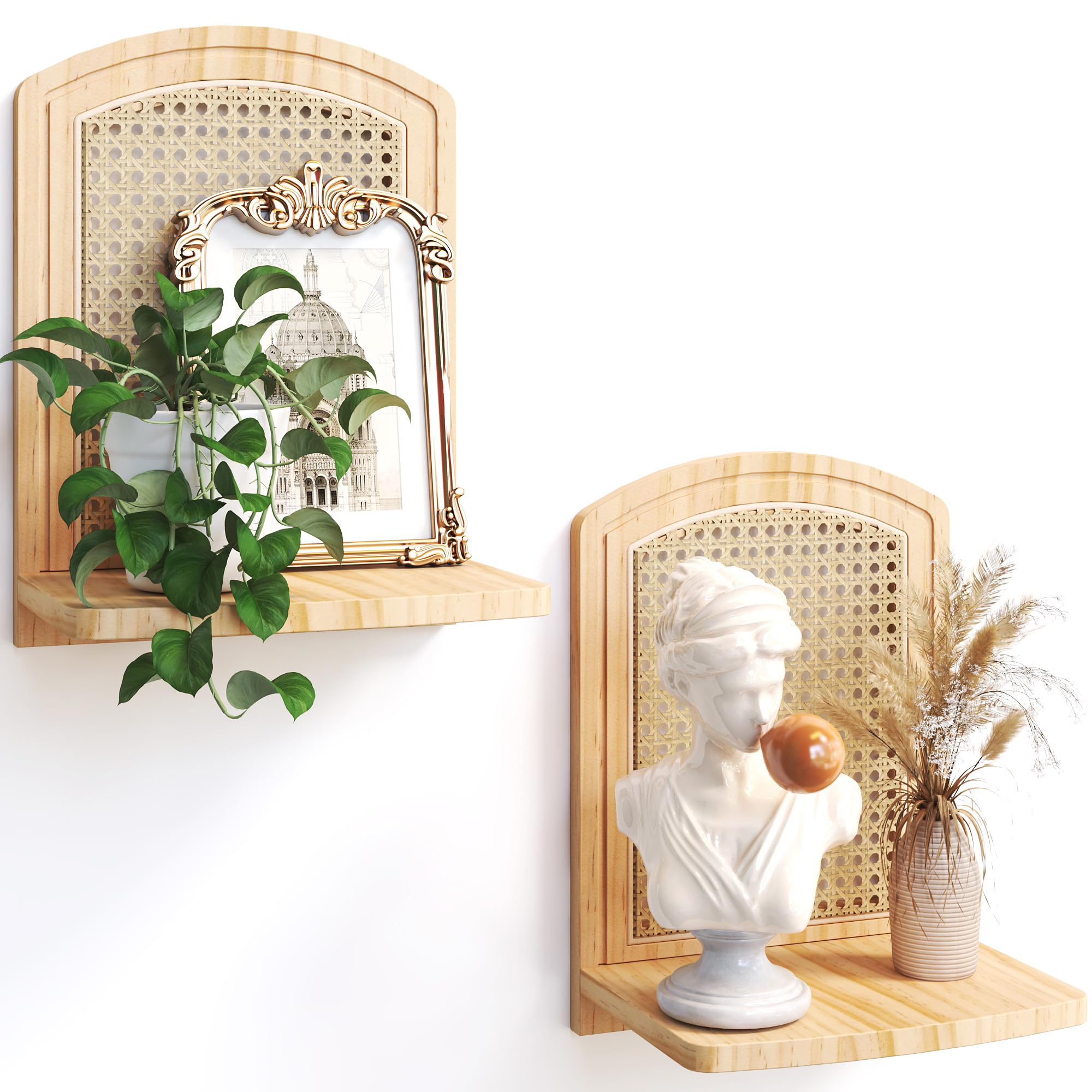 2Pcs Boho Rattan Floating Wall Shelves for Display & Storage