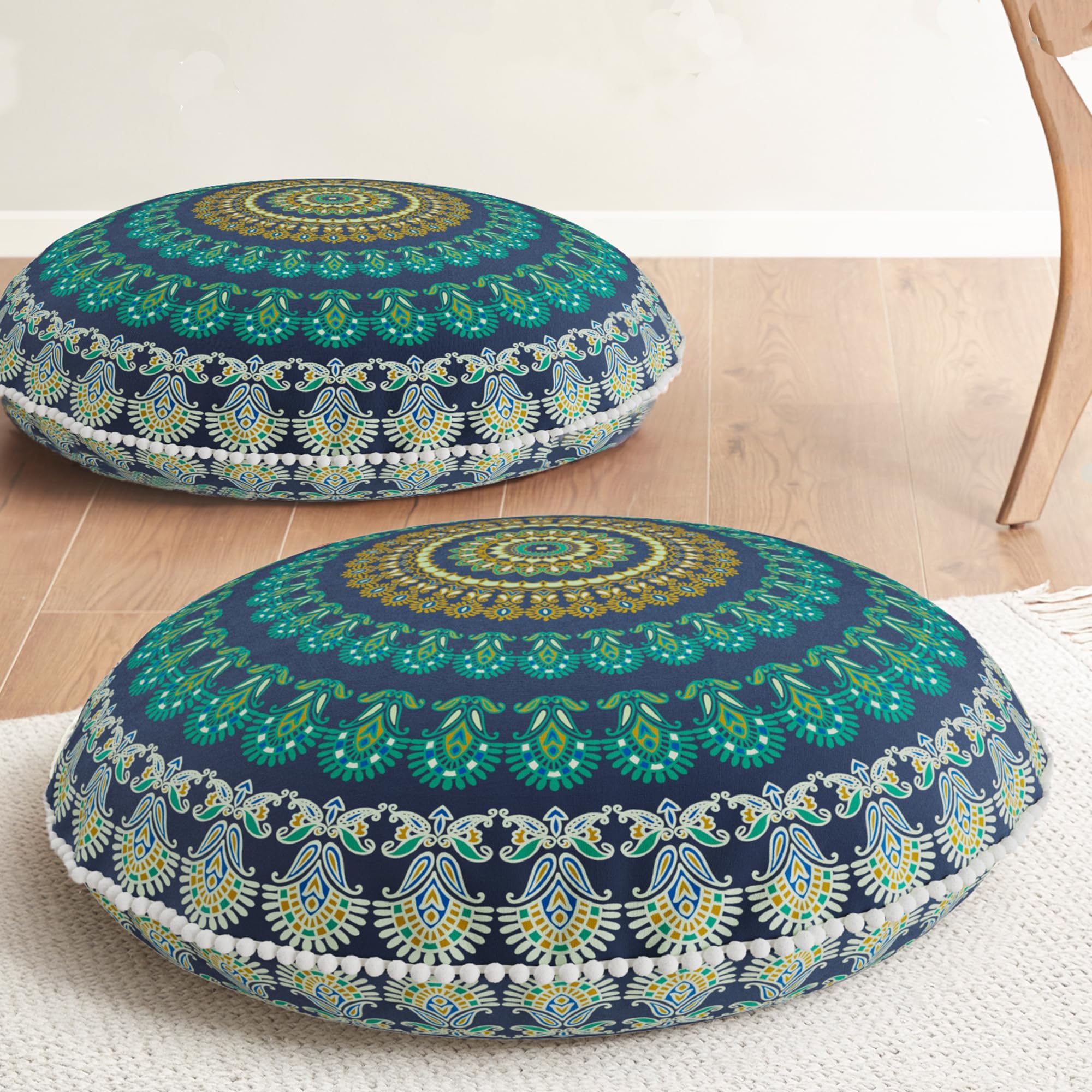 Codi Floor Pillows for Adults & Teens Set of 2, Large Boho Meditation Cushions with Memory Foam, Round Mandala Seating for Yoga, Home Office, Dorm Room, Washable, 32 Inch, Coral