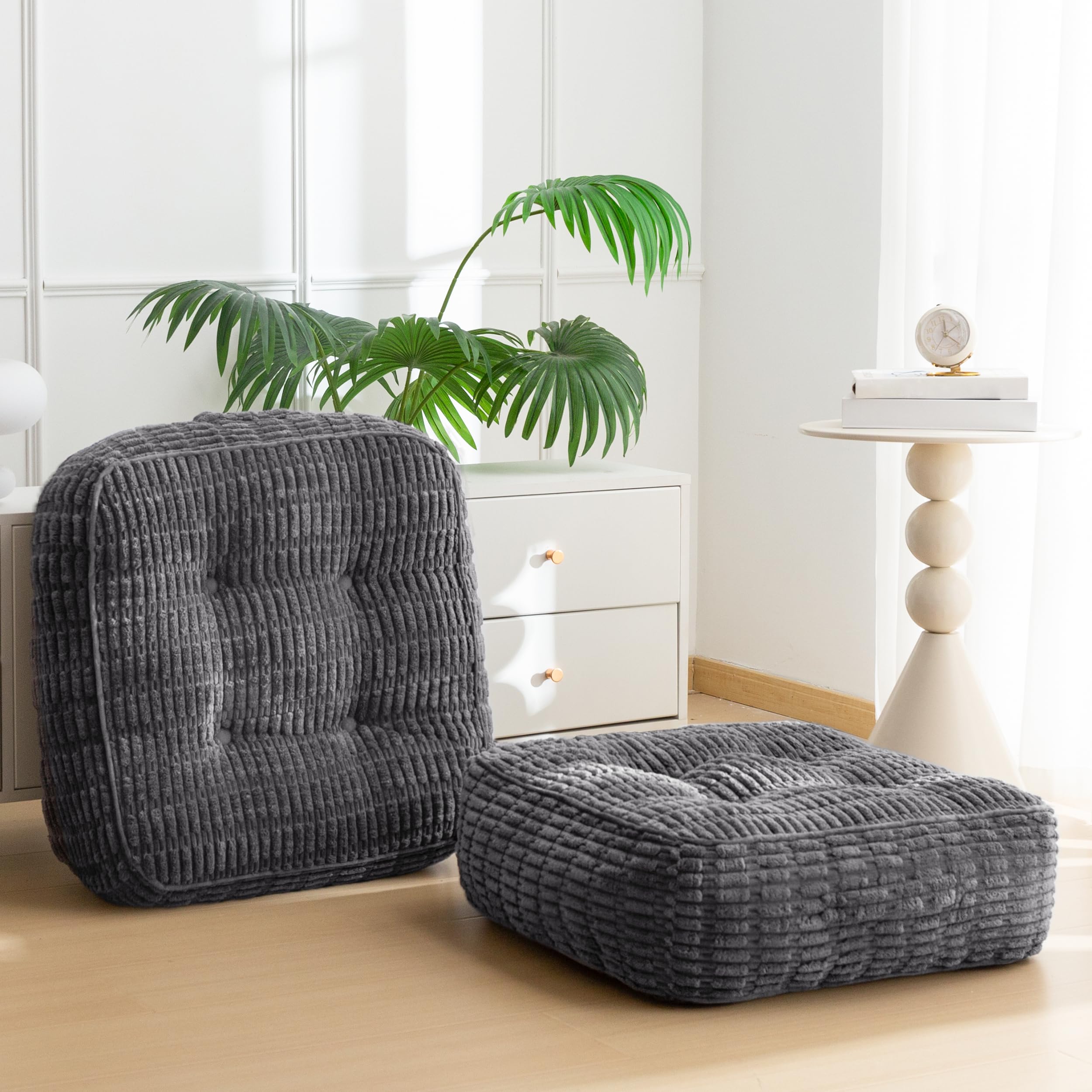 HIGOGOGO 6" Floor Pillow Cushion for Adults, Meditation Cushion Pillow, Blended Corduroy Cover, Large Square Floor Sitting for Tatami Living Room or Yoga, 2Pack, Dark Grey