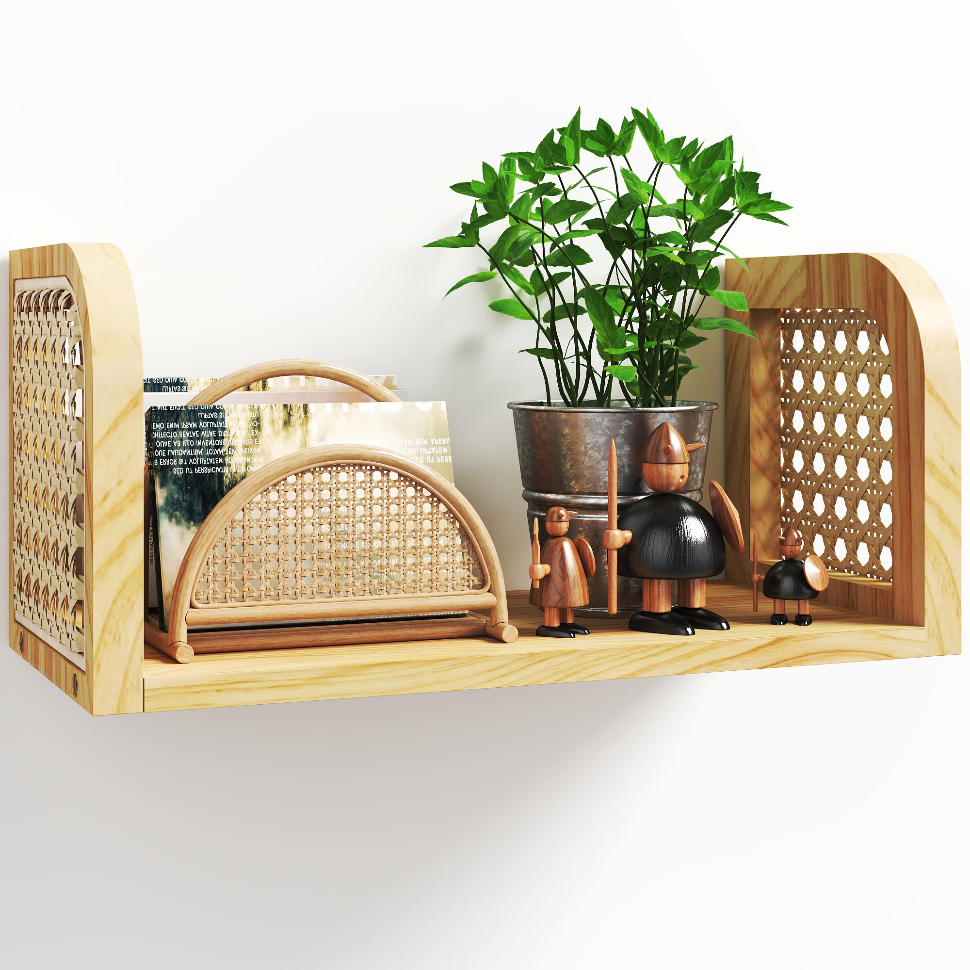 Rattan Shelf Set of 2, Cute Nursery Shelves Wall Mounted, Natural Hanging Bookshelf Storage, Boho Decorative Floating Shelves for Kids Room, Living Room, Play Room, Bedroom, Home Decor