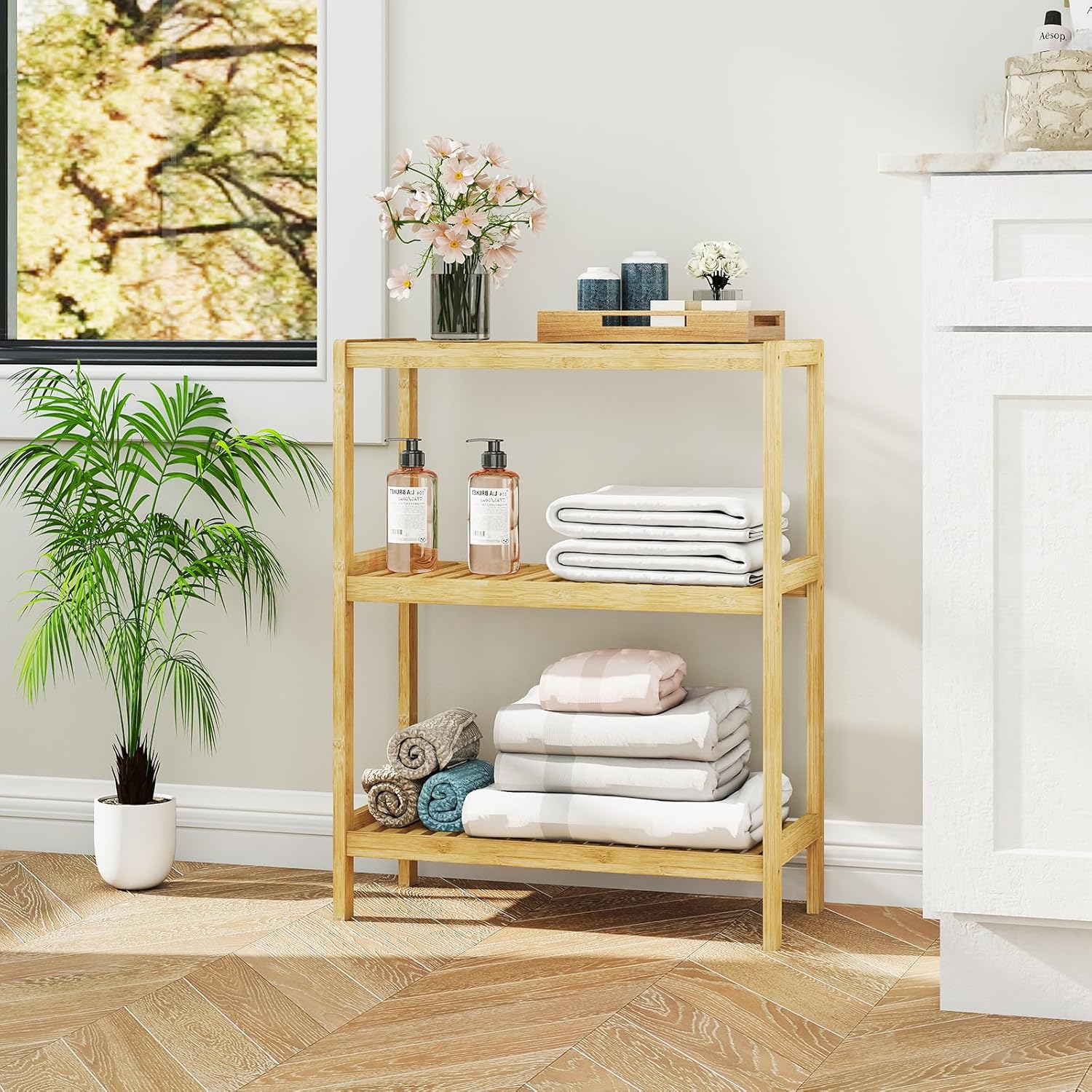 Bamboo Bathroom Shelf, Stand Utility Storage Shelf Multifunctional Bathroom Kitchen Living Room Holder Plant Flower Stand (3-Tier)