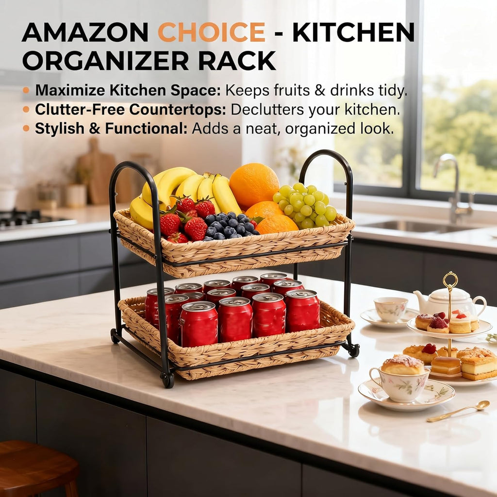 2-Tier Faux Rattan Wicker Storage Basket with Metal Frame, Countertop Organizer Shelf for Kitchen, Bathroom, Pantry (Medium)