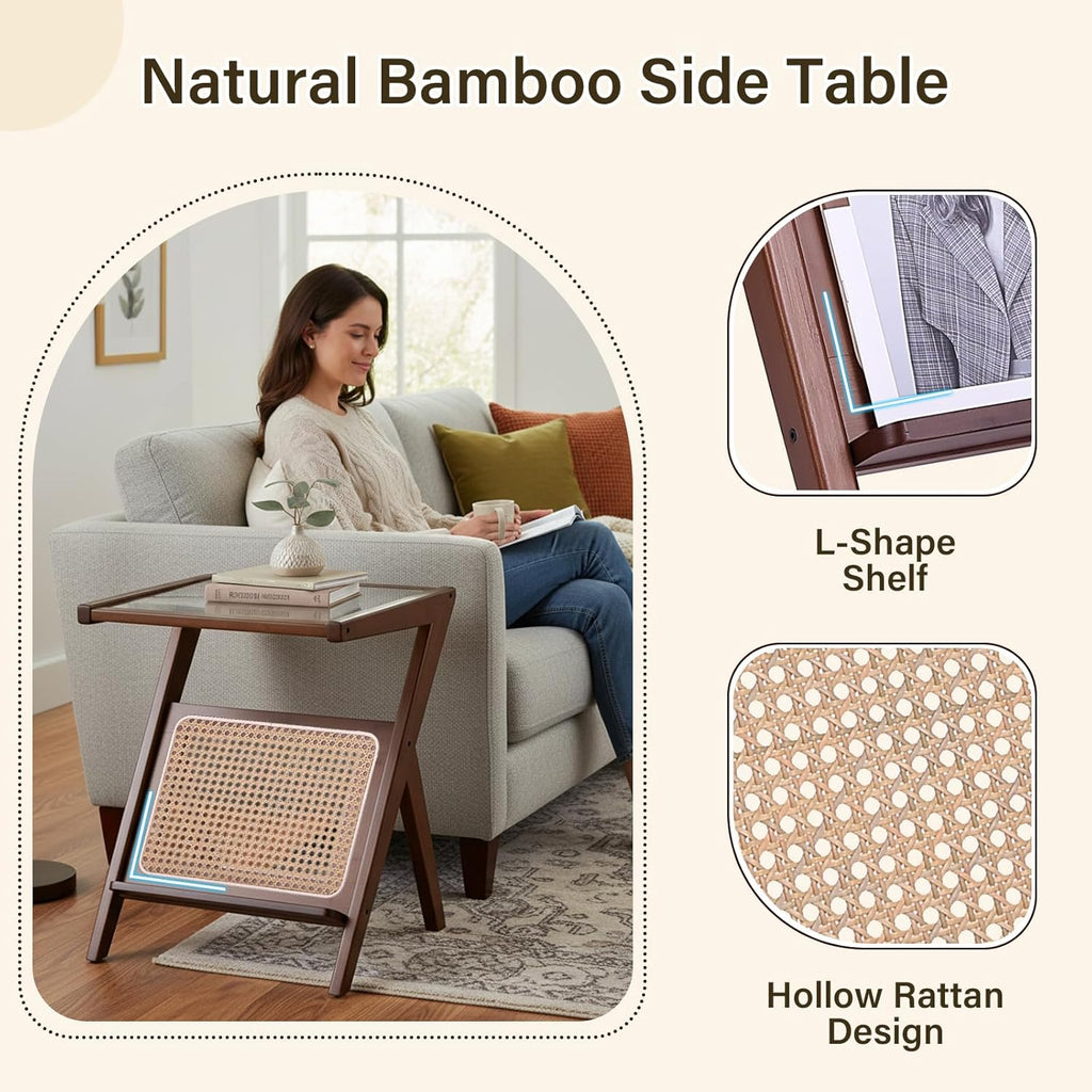 Tiita Rattan Side Table, Mid Century Nightstand, Bamboo Accent Bedside Tables, Glass Coffee Tables, Boho Wooden End Table with Storage for Small Space, Living Room and Bedroom