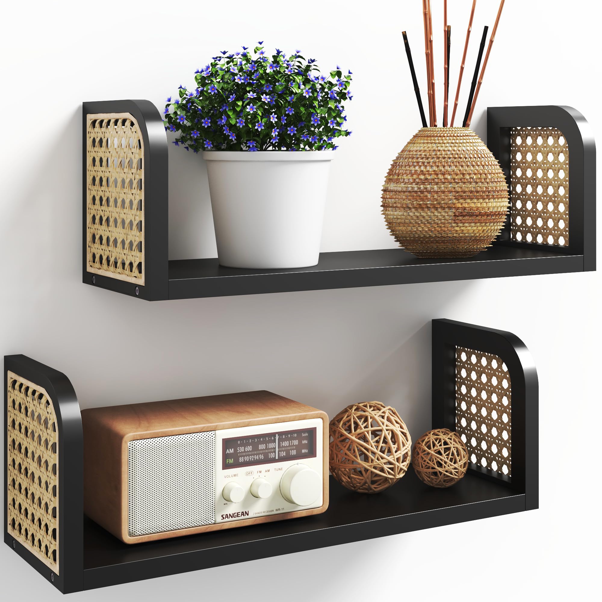 Rattan Shelf Set of 2, Cute Nursery Shelves Wall Mounted, Natural Hanging Bookshelf Storage, Boho Decorative Floating Shelves for Kids Room, Living Room, Play Room, Bedroom, Home Decor
