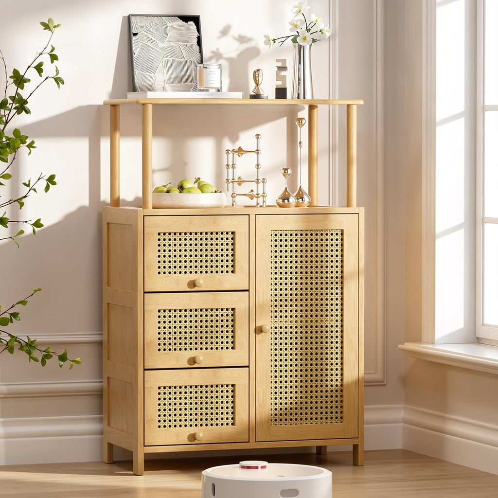 Natural Bamboo Rattan Sideboard Cabinet with Adjustable Shelf for Home Storage