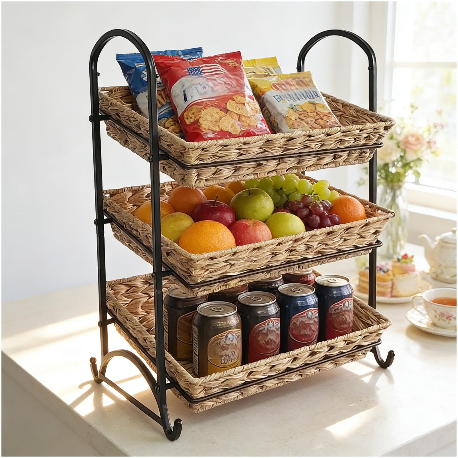 Stackable Candy Display Rack wtih Rattan|Stackable Candy Organizer|Multi-Function Snack Rack&Shelf for Chips |Perfect Display Solution for Stores (Brown, Medium)
