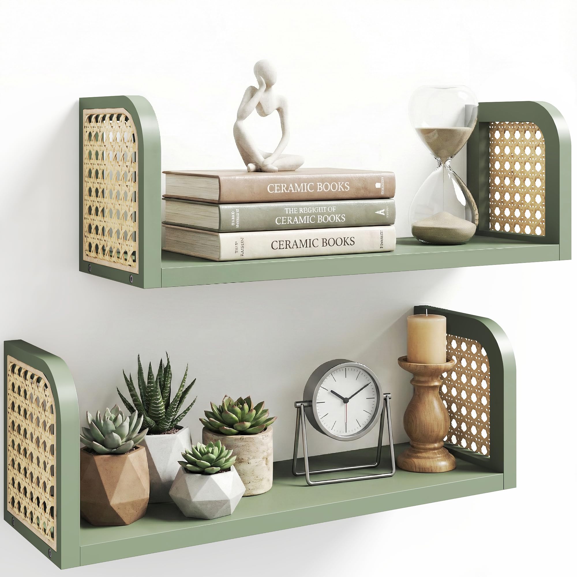 Rattan Shelf Set of 2, Cute Nursery Shelves Wall Mounted, Natural Hanging Bookshelf Storage, Boho Decorative Floating Shelves for Kids Room, Living Room, Play Room, Bedroom, Home Decor