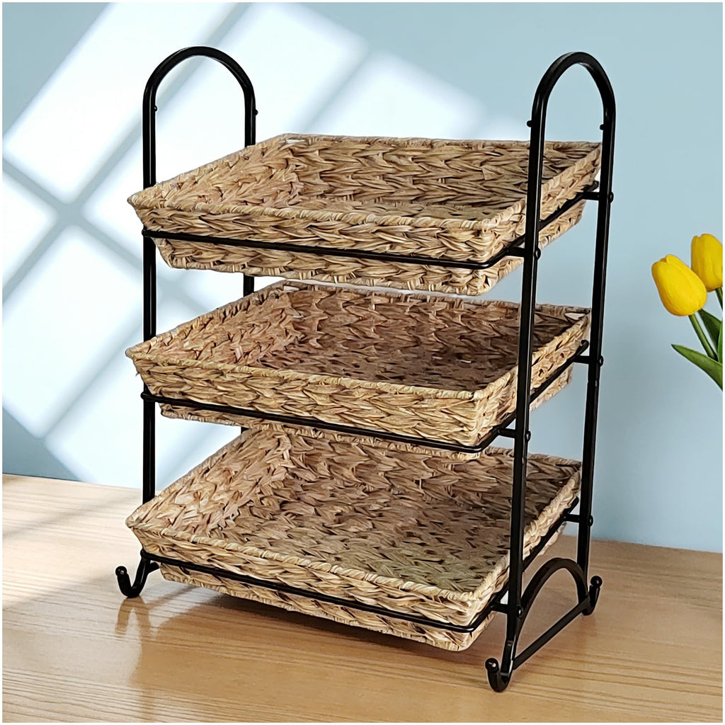 2-Tier Faux Rattan Wicker Storage Basket with Metal Frame, Countertop Organizer Shelf for Kitchen, Bathroom, Pantry (Medium)