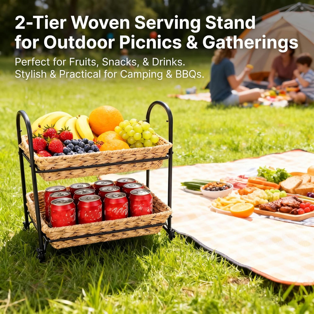2-Tier Faux Rattan Wicker Storage Basket with Metal Frame, Countertop Organizer Shelf for Kitchen, Bathroom, Pantry (Medium)