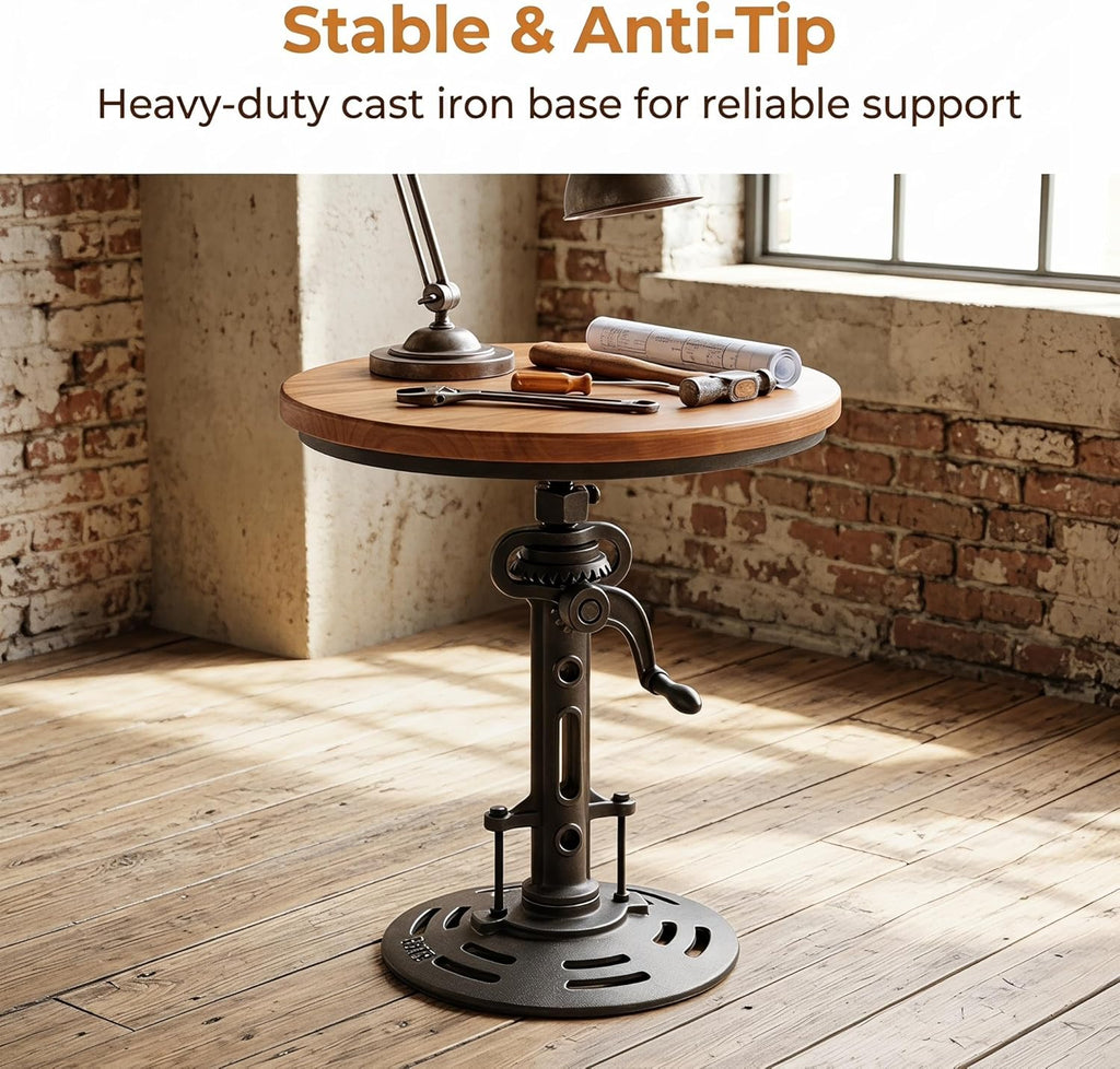 Industrial Retro Height Adjustable End Table, Silver Cast Iron Base Accent Table