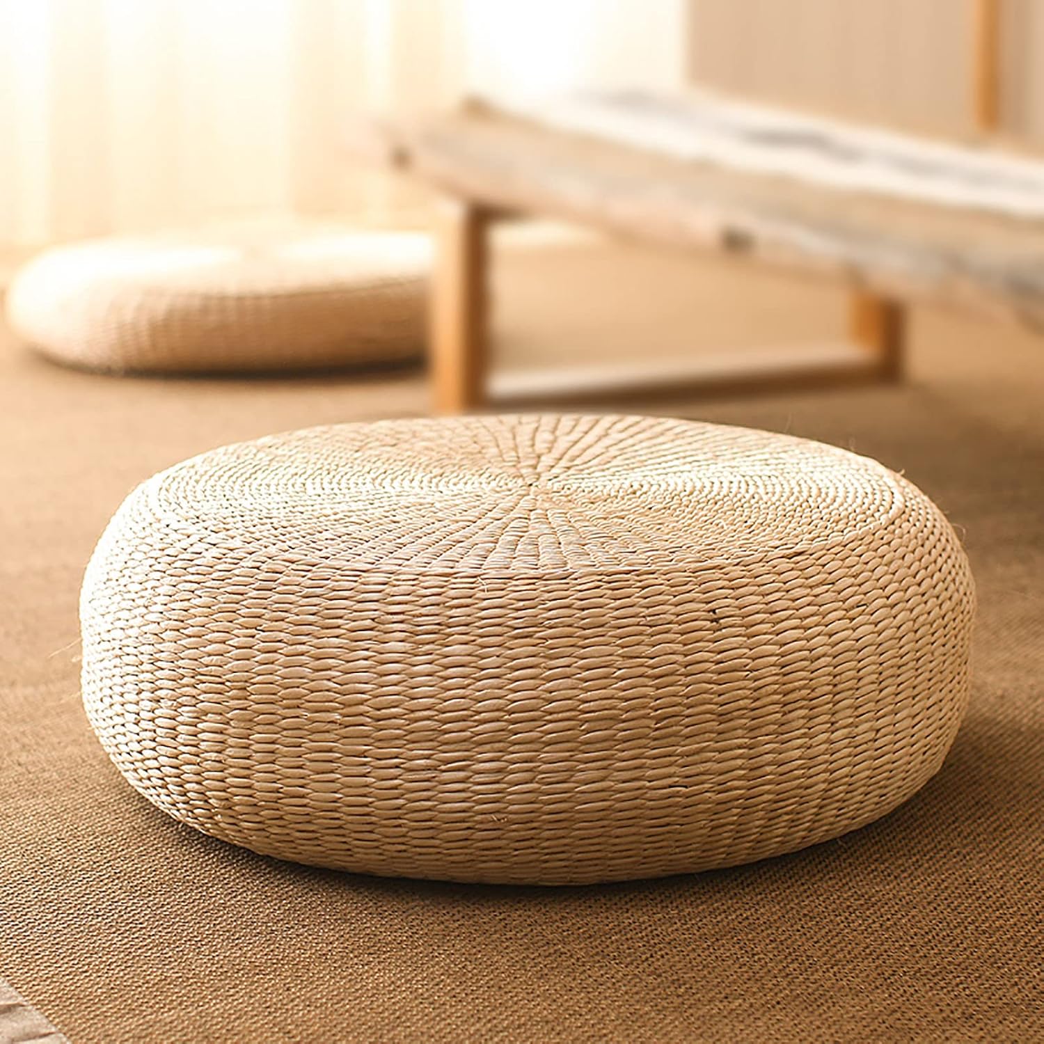 ZZenSmot Japanese Style Tatami Seat Cushion,Round Padded Floor Pillow Woven Straw Meditation Cushion,Handcrafted Rattan Futon Seat Cushion-Height:10cm Diameter:50cm (20inch)