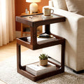 Solid Wood End Table, 3-Tier Small Side Table with Fluted Acrylic Top, Rectangular Geometric Retro Accent Table with Open Storage for Small Spaces, Living Room, Bedroom, 100% Pine, Brown
