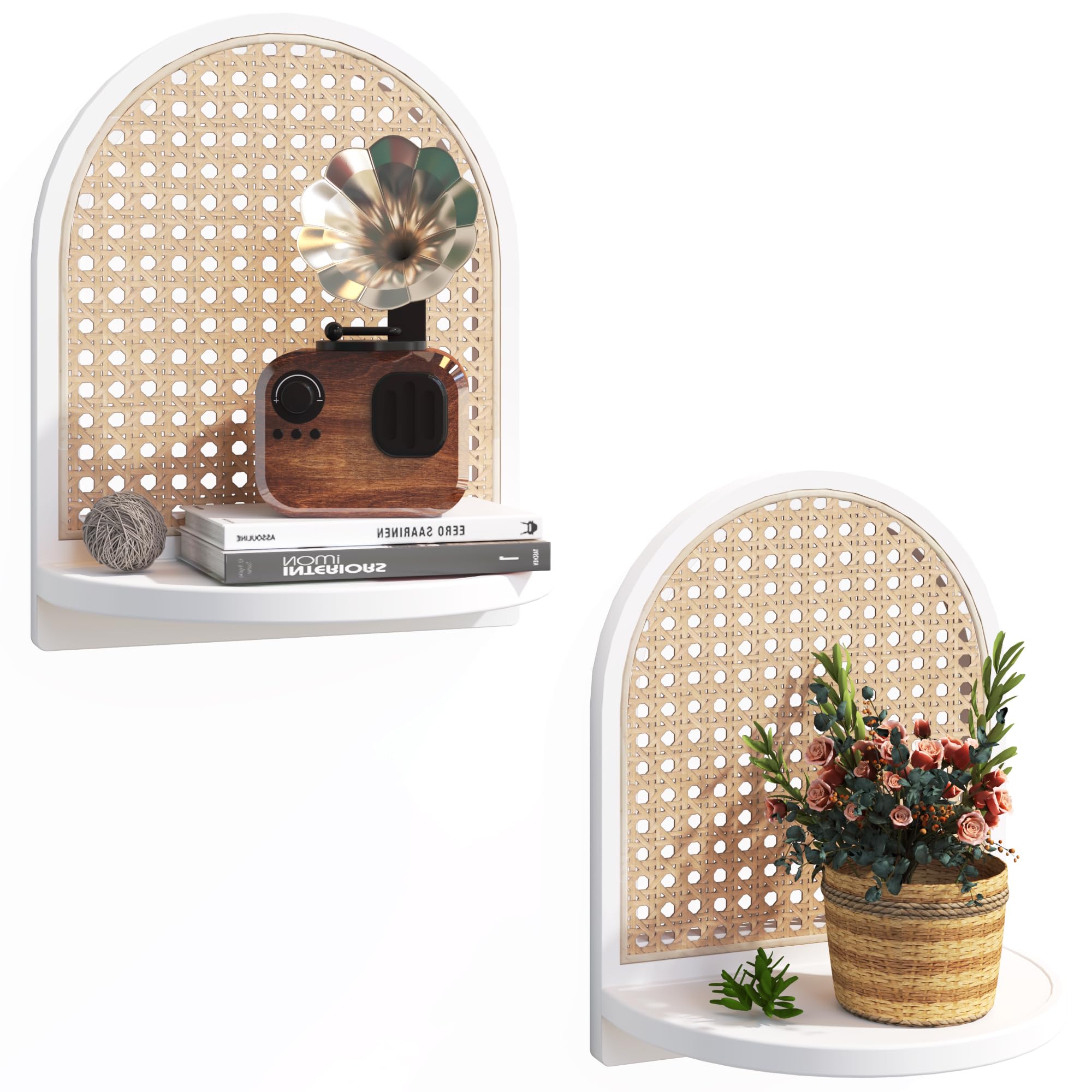 2Pcs Boho Rattan Floating Wall Shelves for Display & Storage