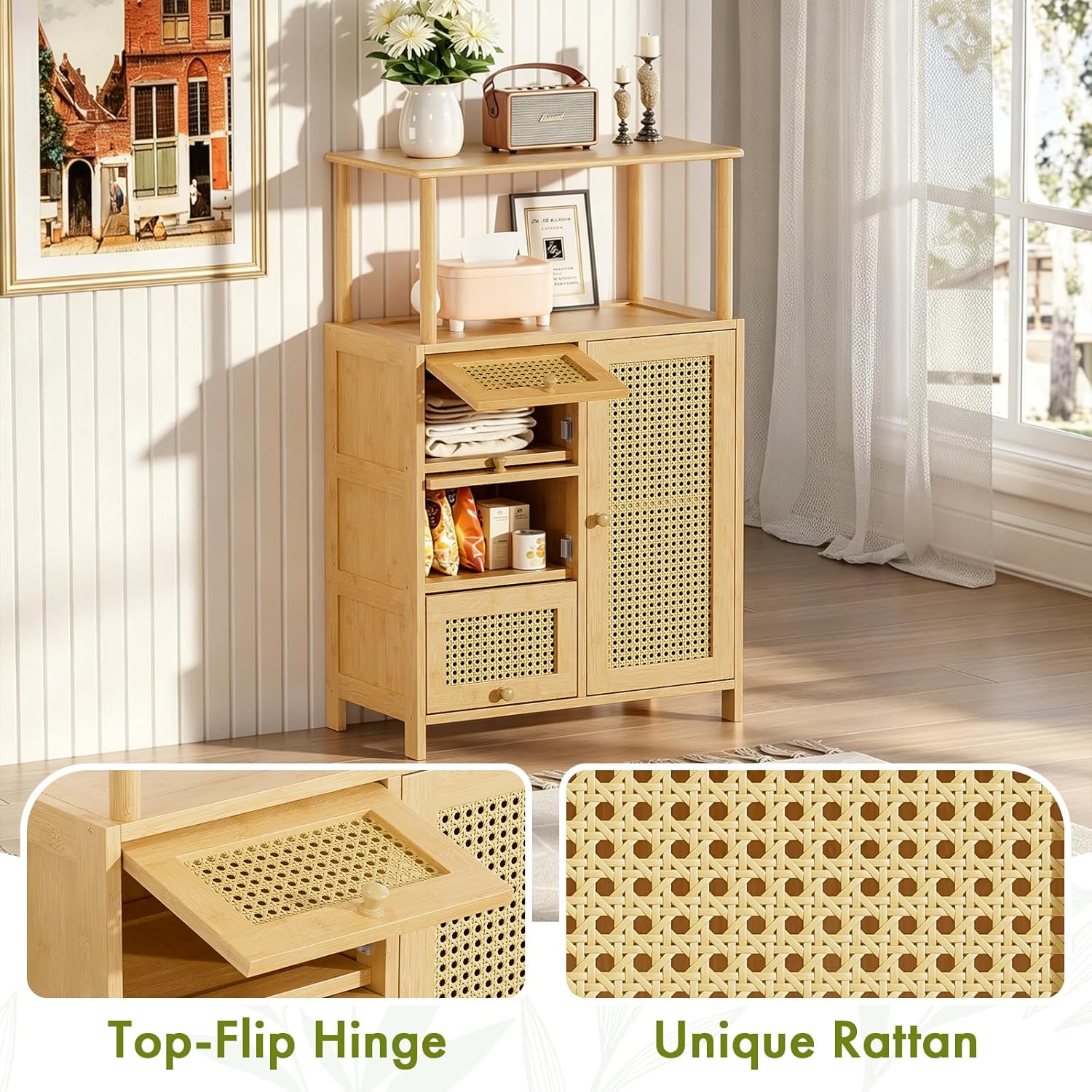 Natural Bamboo Rattan Sideboard Cabinet with Adjustable Shelf for Home Storage