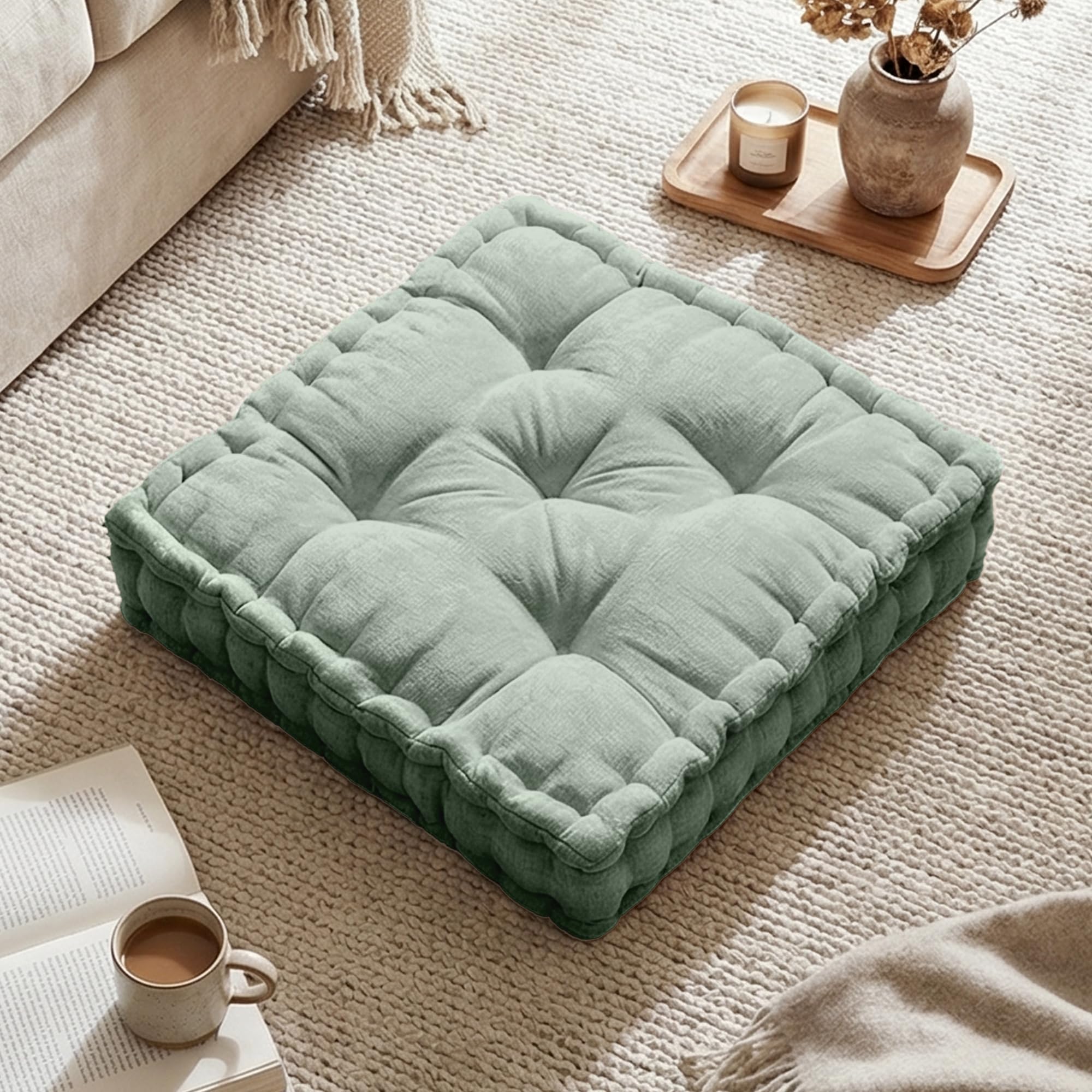 Intelligent Design Large Floor Pillow for Adults Yoga or Meditation Cushion with Handle, Floor Cushion for Board Games, Lustrous Chenille Tufted, Handsewn Scalloped Edge, Azza, 24" x 24" x 5" Ivory
