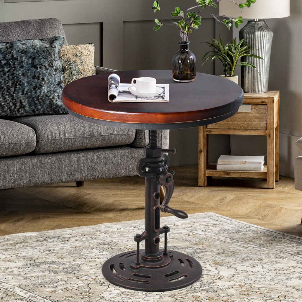 Industrial Retro Height Adjustable End Table, Silver Cast Iron Base Accent Table