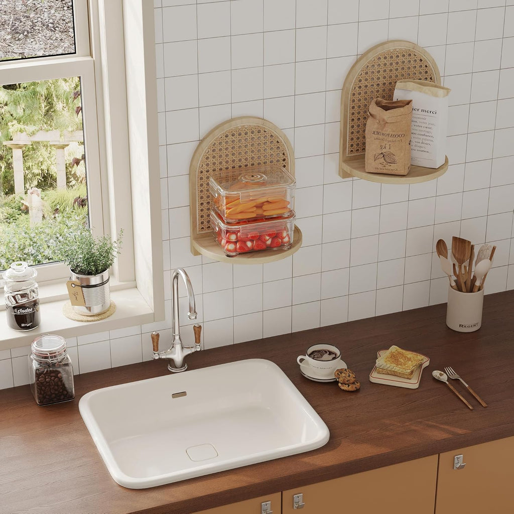 2Pcs Boho Rattan Floating Wall Shelves for Display & Storage