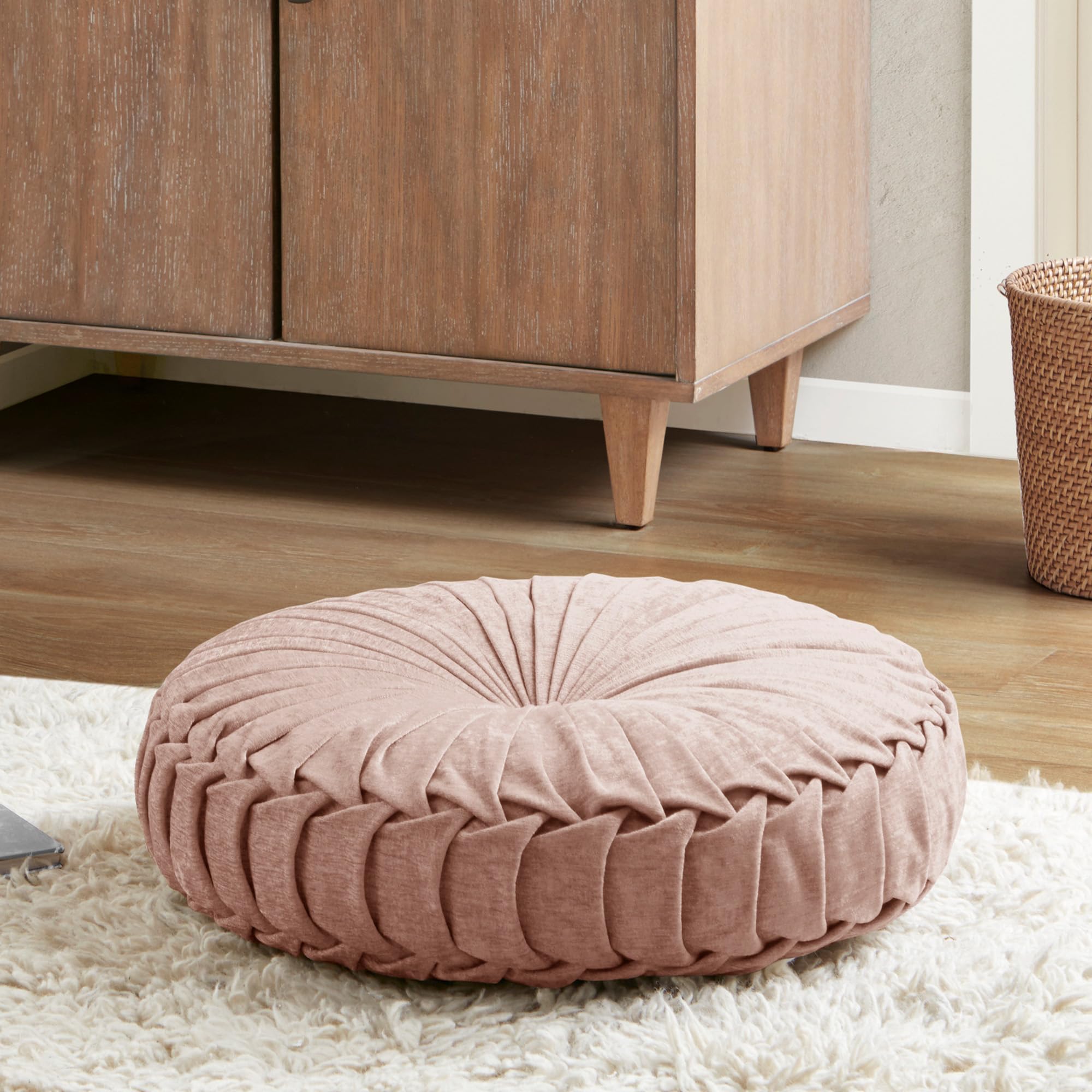 Intelligent Design Large Floor Pillow for Adults Yoga or Meditation Cushion with Handle, Floor Cushion for Board Games, Lustrous Chenille Tufted, Handsewn Scalloped Edge, Azza, 24" x 24" x 5" Ivory