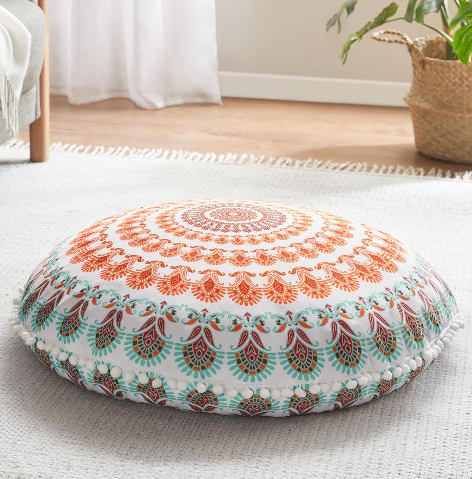 Codi Floor Pillows for Adults & Teens Set of 2, Large Boho Meditation Cushions with Memory Foam, Round Mandala Seating for Yoga, Home Office, Dorm Room, Washable, 32 Inch, Coral