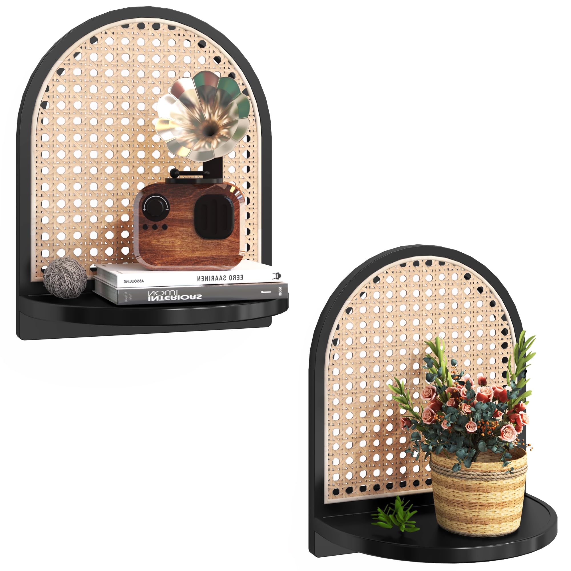 2Pcs Boho Rattan Floating Wall Shelves for Display & Storage