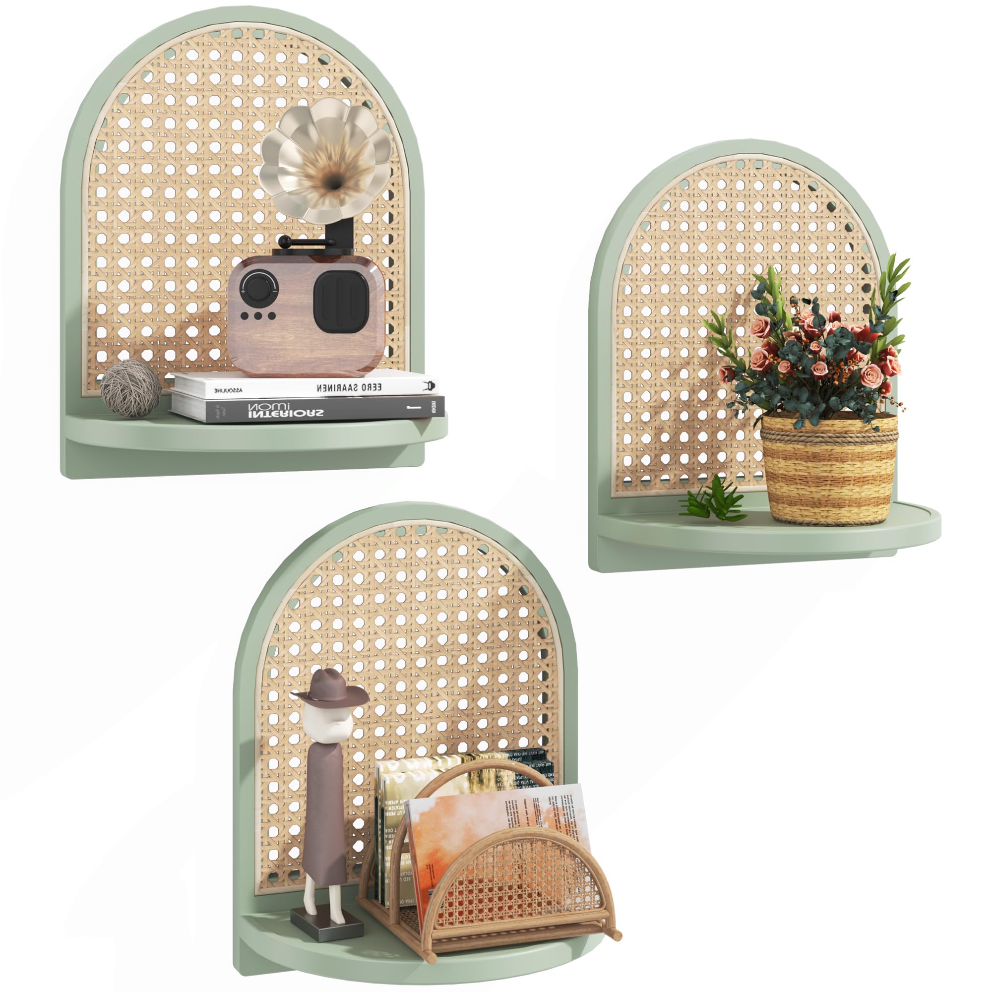 2Pcs Boho Rattan Floating Wall Shelves for Display & Storage