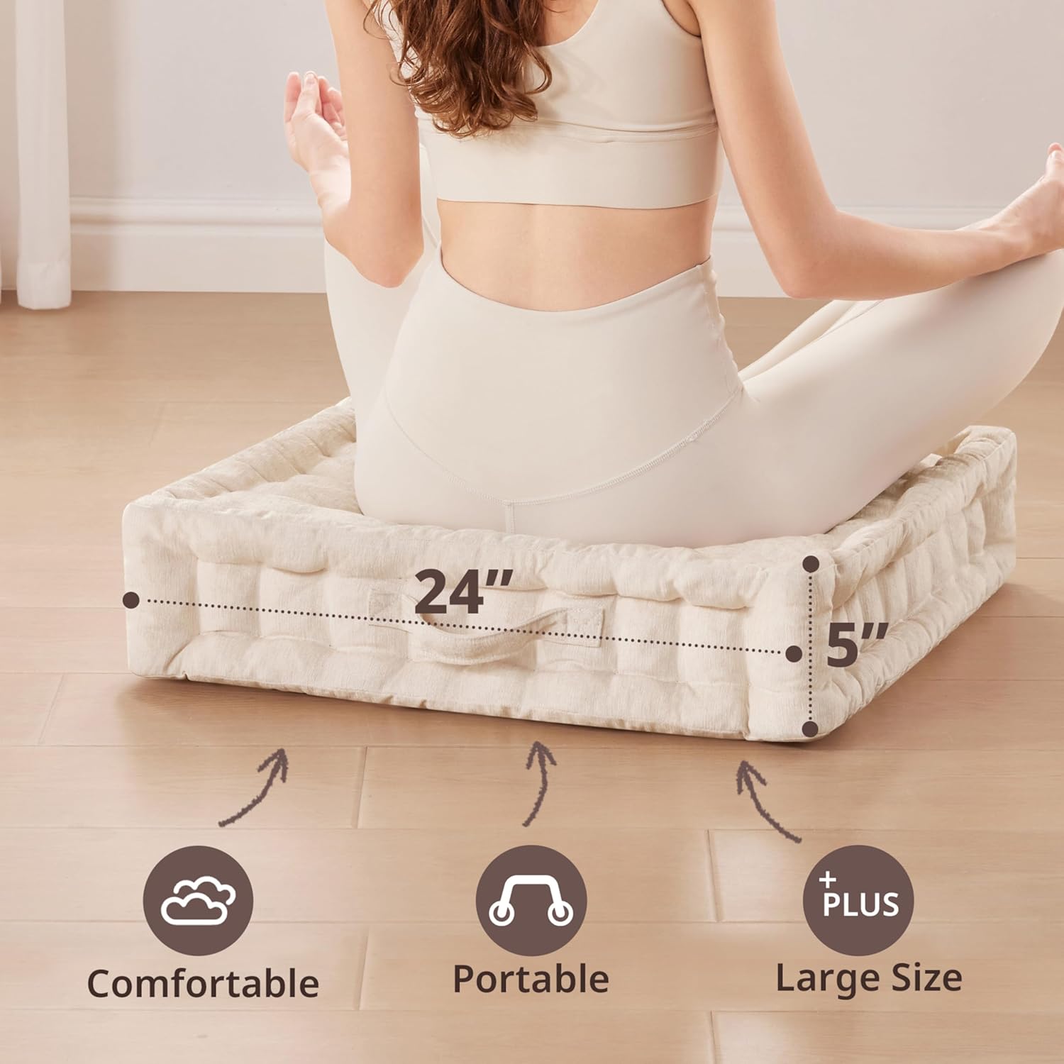 Intelligent Design Large Floor Pillow for Adults Yoga or Meditation Cushion with Handle, Floor Cushion for Board Games, Lustrous Chenille Tufted, Handsewn Scalloped Edge, Azza, 24" x 24" x 5" Ivory