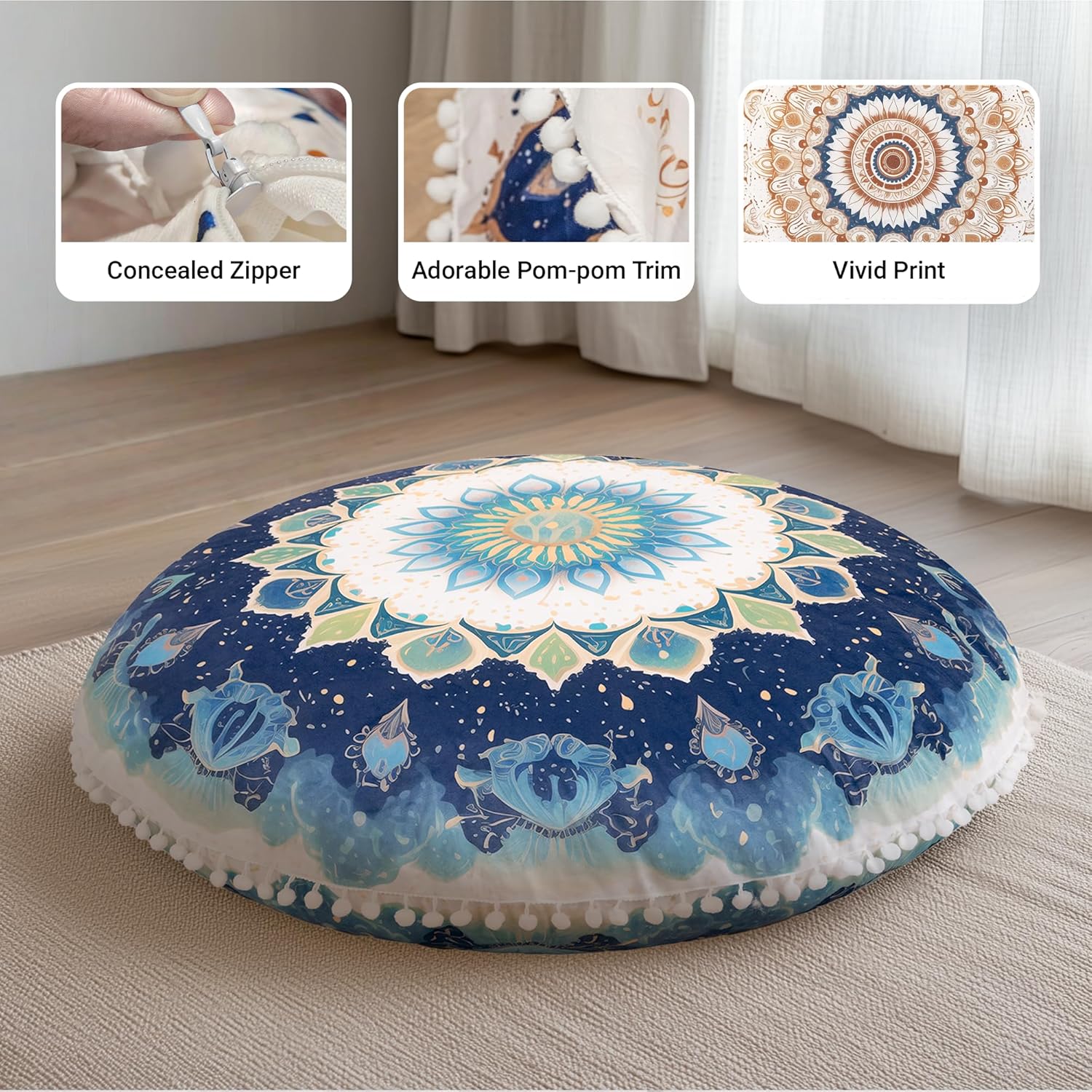 Meditation Cushion 32 Inch Round, Large Floor Pillow Seating for Adults, Bohemian Mandala Yoga Cushion, Extra Thick Memory Foam Removable Washable Cover, Ideal Gift & Holiday Decor, Green