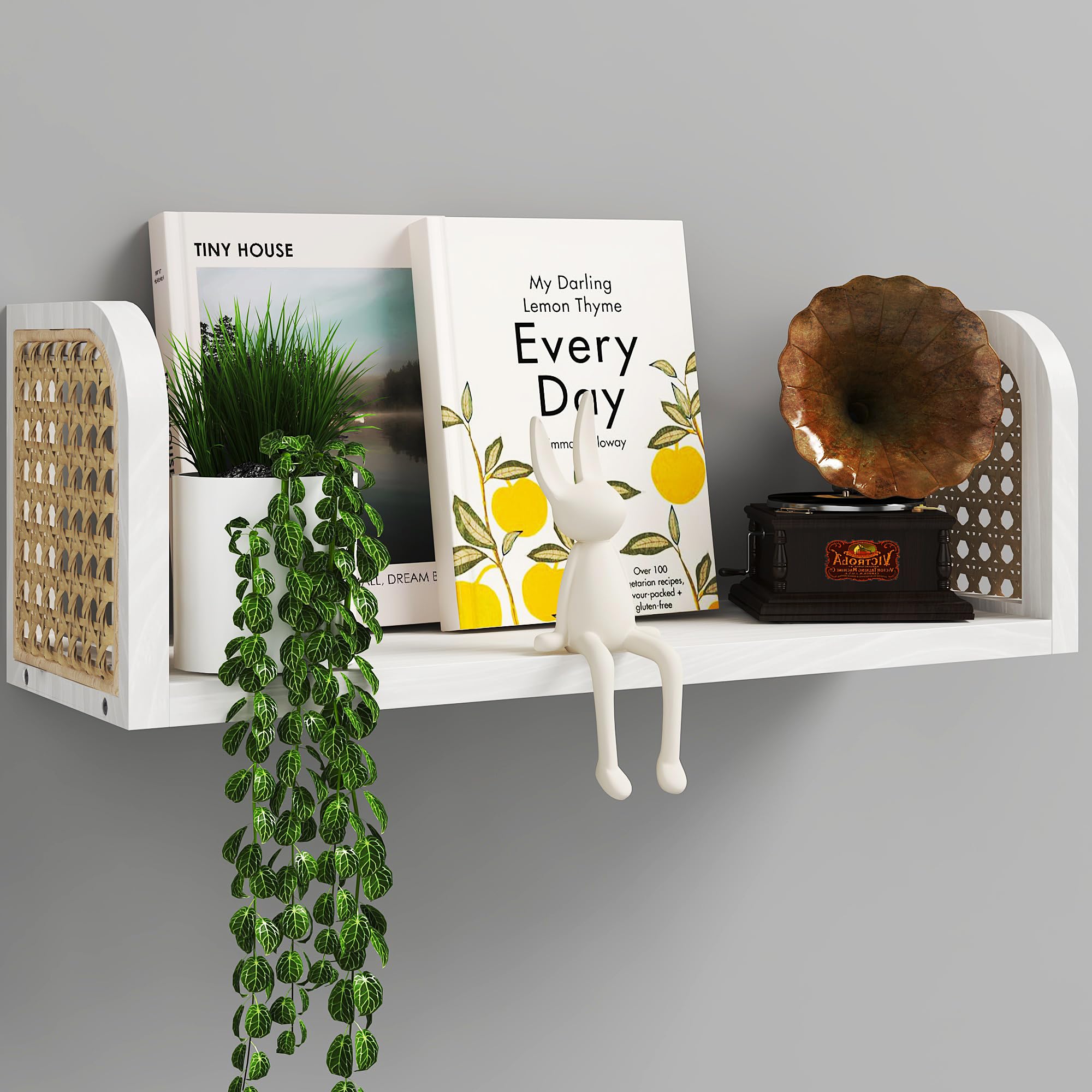 Rattan Shelf Set of 2, Cute Nursery Shelves Wall Mounted, Natural Hanging Bookshelf Storage, Boho Decorative Floating Shelves for Kids Room, Living Room, Play Room, Bedroom, Home Decor