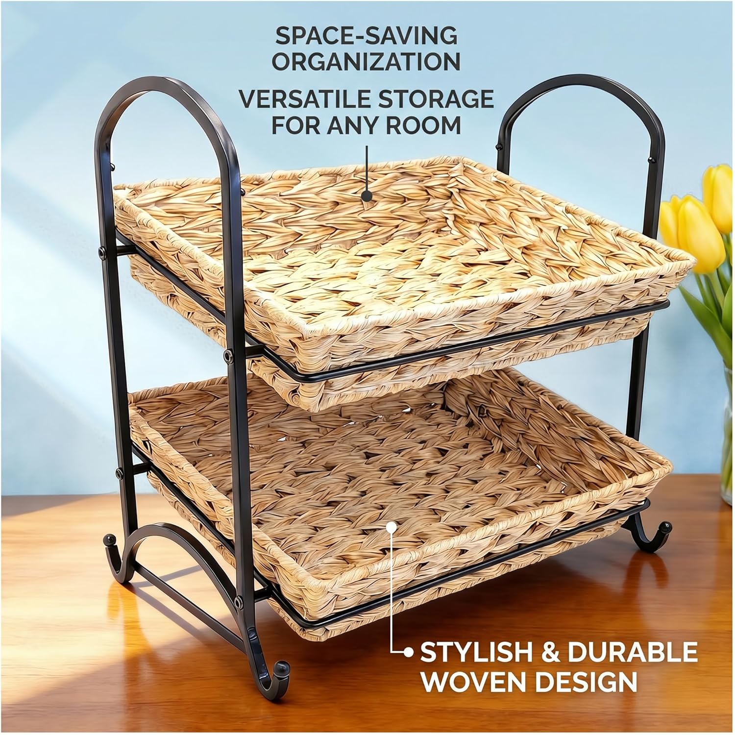 2-Tier Faux Rattan Wicker Storage Basket with Metal Frame, Countertop Organizer Shelf for Kitchen, Bathroom, Pantry (Medium)