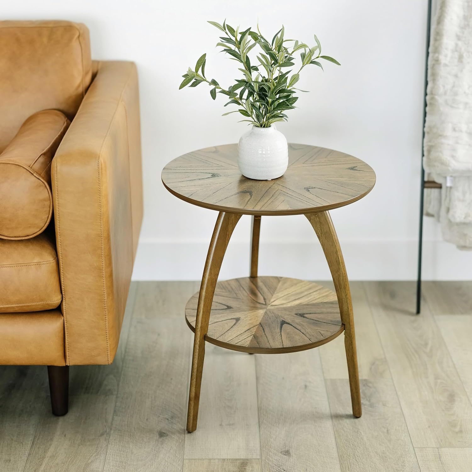 Mid-Century Modern Round Wood End Table with Shelf, Nutmeg Brown
