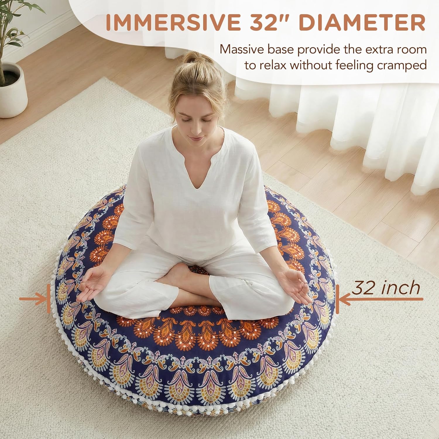 2Pcs 32 Inch Yellow Round Floor Pillows, Washable Memory Foam Meditation Cushions