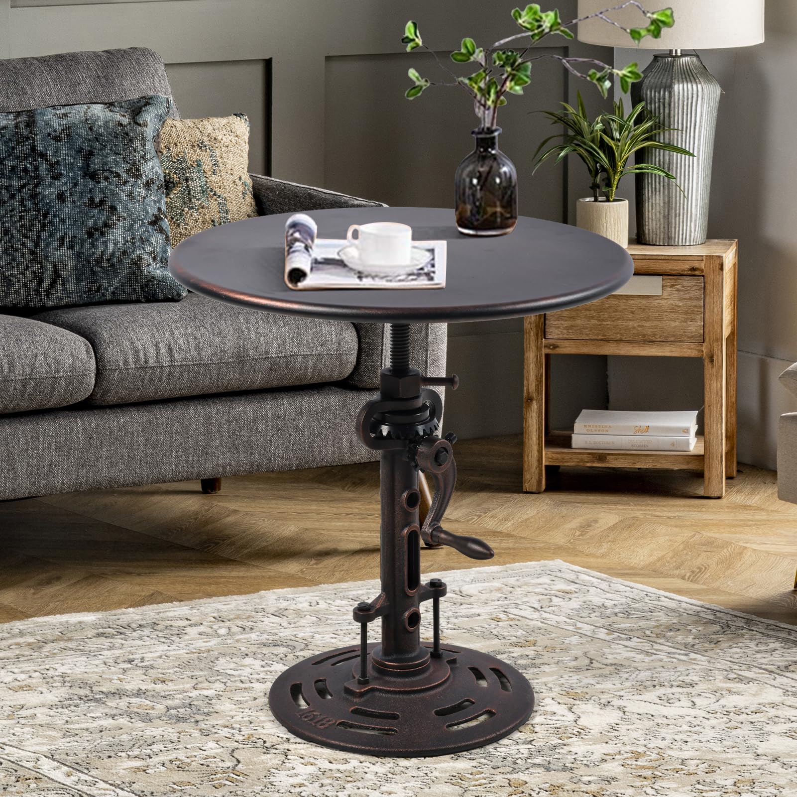 Industrial Retro Height Adjustable End Table, Silver Cast Iron Base Accent Table