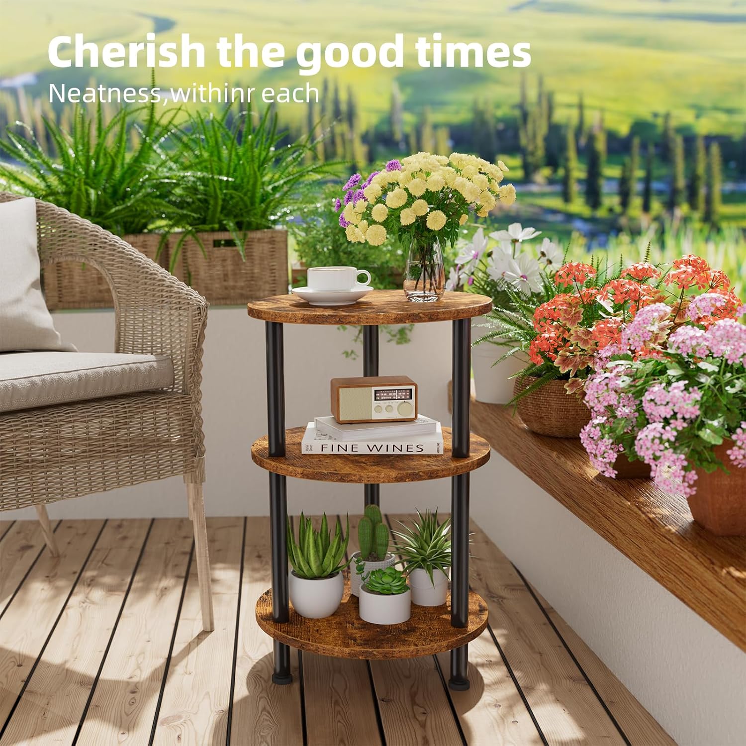 Simple Trending Side Table Living Room, Small Round End Table, 3 Tiers Accent Table for Small Spaces, Rustic Brown