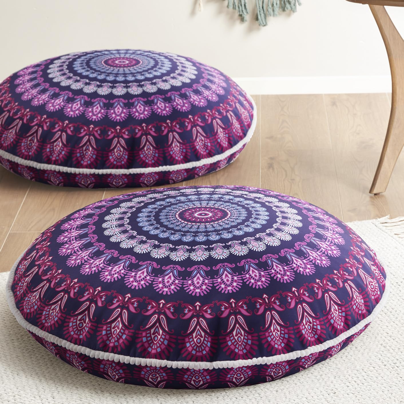 Codi Floor Pillows for Adults & Teens Set of 2, Large Boho Meditation Cushions with Memory Foam, Round Mandala Seating for Yoga, Home Office, Dorm Room, Washable, 32 Inch, Coral