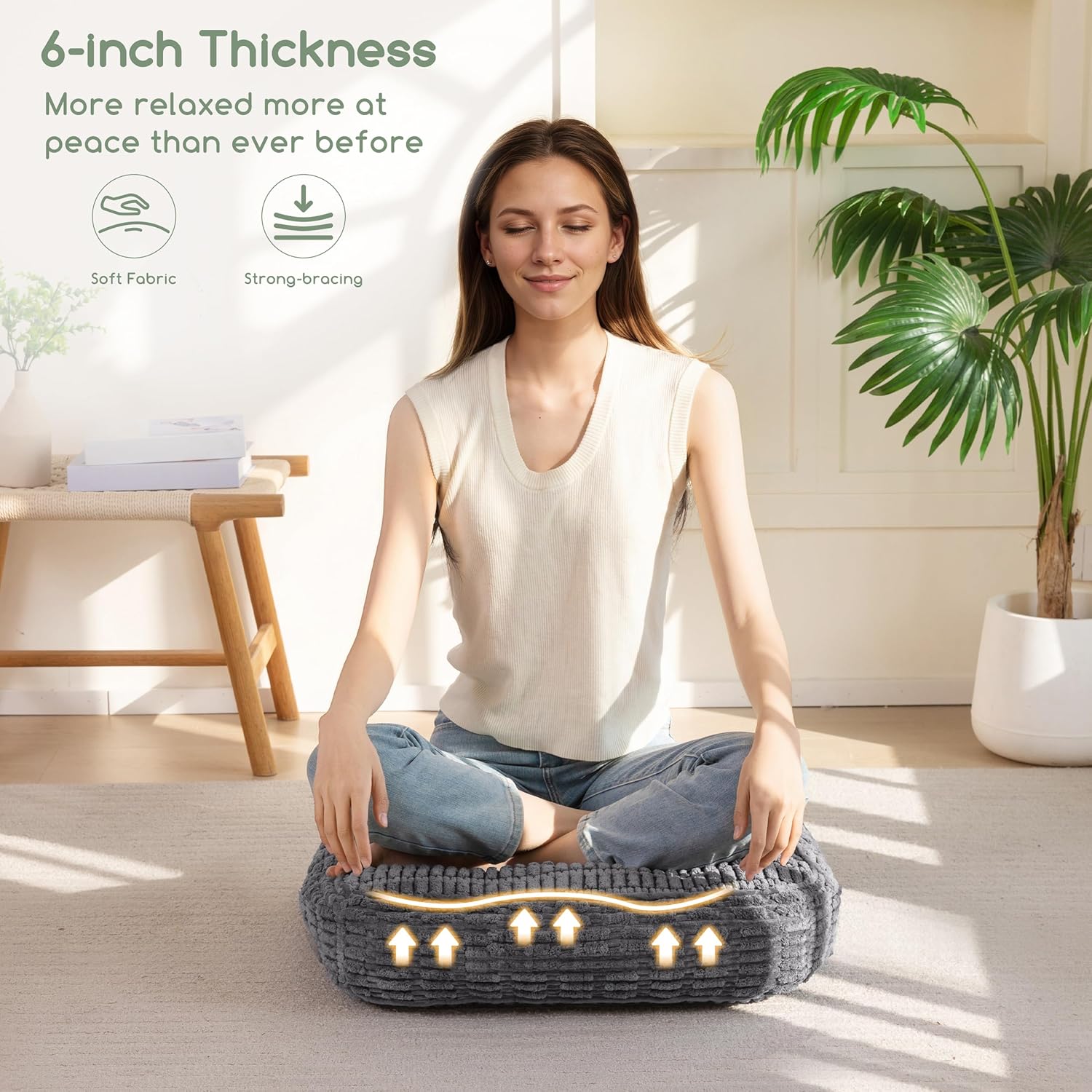 HIGOGOGO 6" Floor Pillow Cushion for Adults, Meditation Cushion Pillow, Blended Corduroy Cover, Large Square Floor Sitting for Tatami Living Room or Yoga, 2Pack, Dark Grey