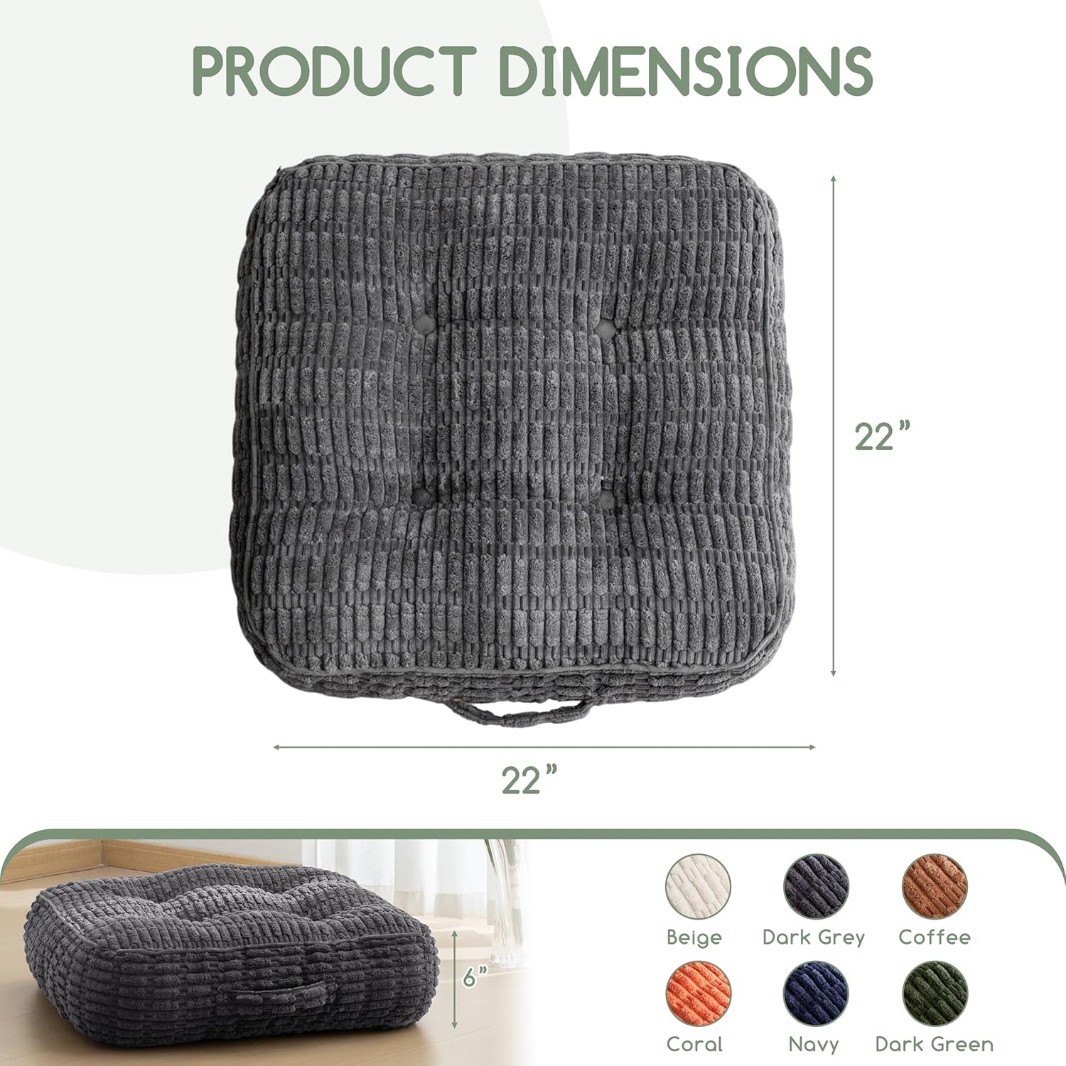 HIGOGOGO 6" Floor Pillow Cushion for Adults, Meditation Cushion Pillow, Blended Corduroy Cover, Large Square Floor Sitting for Tatami Living Room or Yoga, 2Pack, Dark Grey