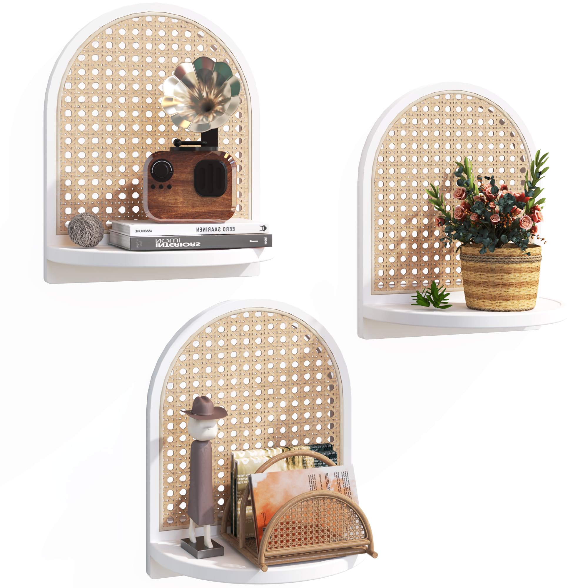 2Pcs Boho Rattan Floating Wall Shelves for Display & Storage