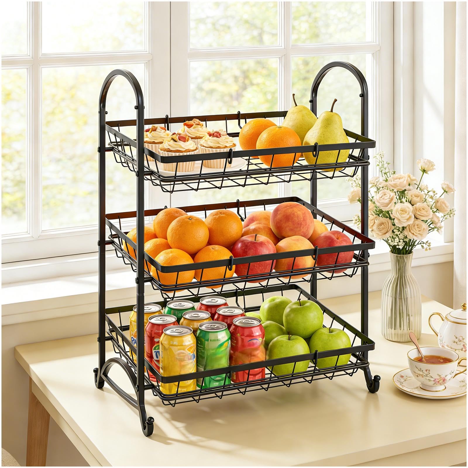 Stackable Candy Display Rack wtih Rattan|Stackable Candy Organizer|Multi-Function Snack Rack&Shelf for Chips |Perfect Display Solution for Stores (Brown, Medium)