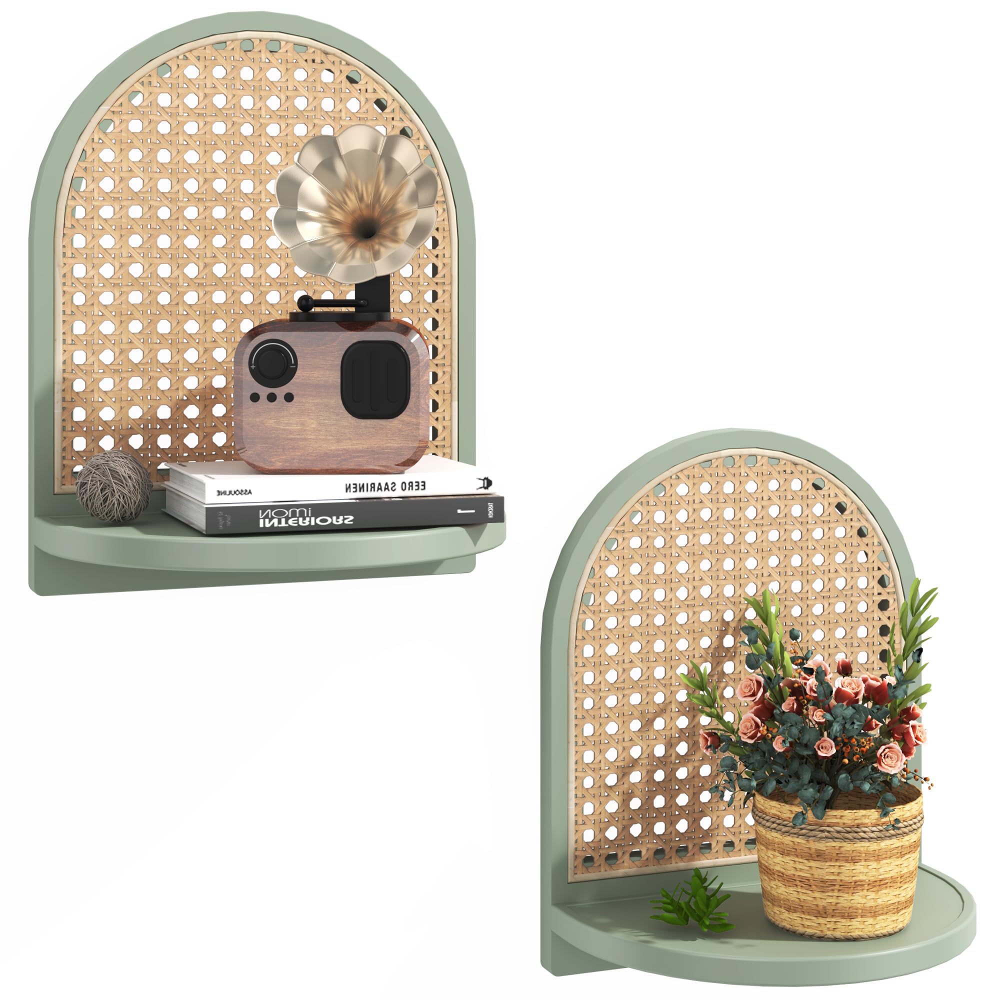 2Pcs Boho Rattan Floating Wall Shelves for Display & Storage
