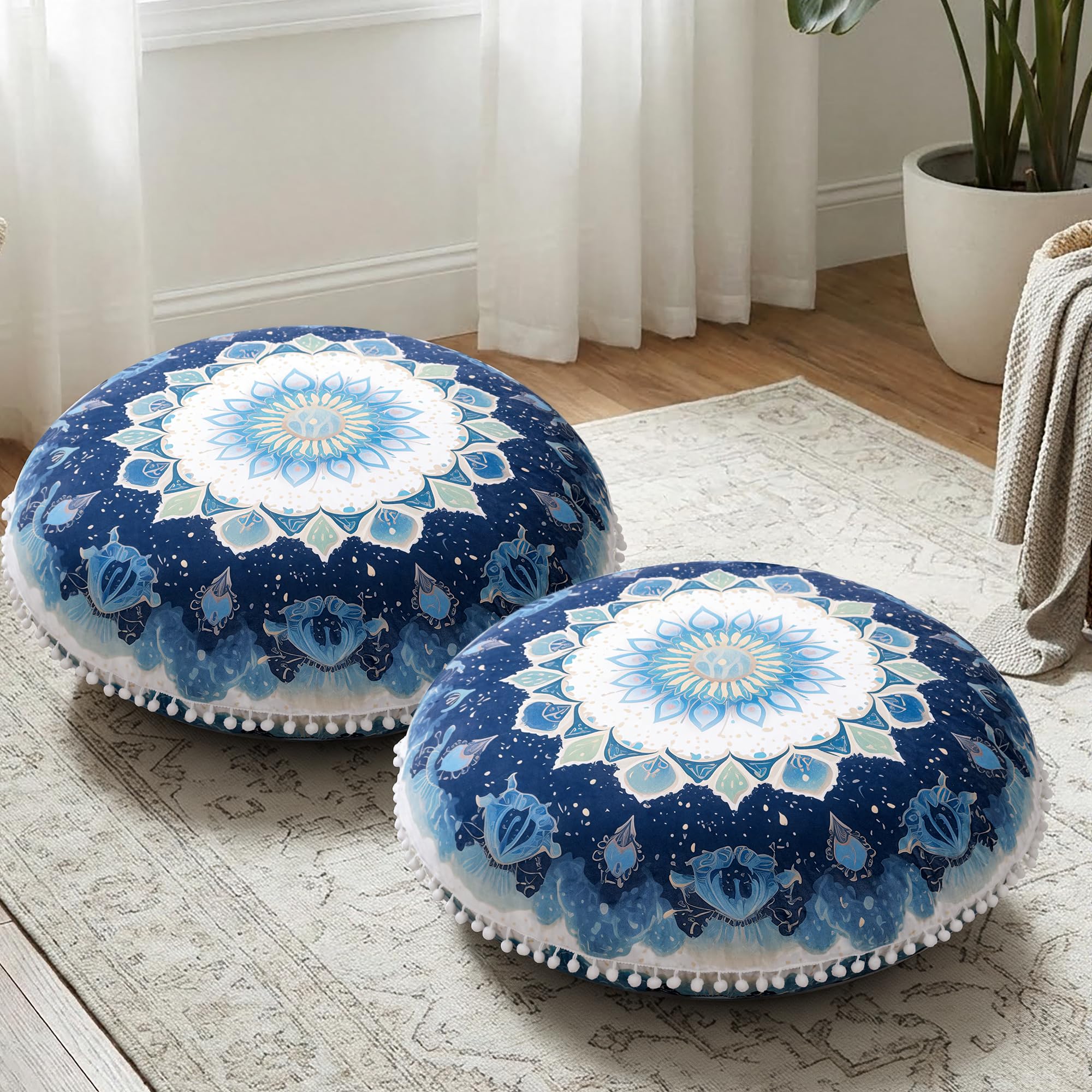 Meditation Cushion 32 Inch Round, Large Floor Pillow Seating for Adults, Bohemian Mandala Yoga Cushion, Extra Thick Memory Foam Removable Washable Cover, Ideal Gift & Holiday Decor, Green