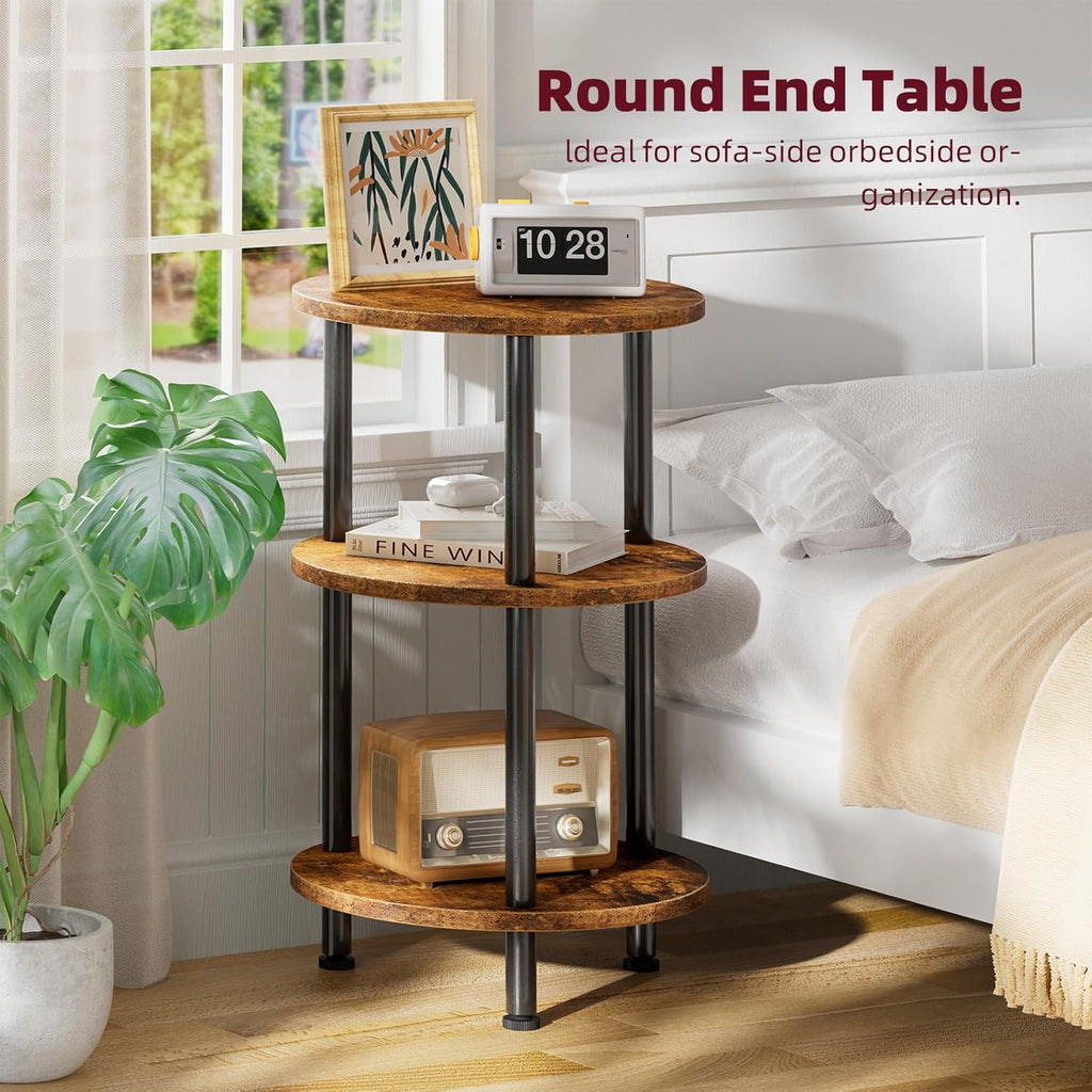 Simple Trending Side Table Living Room, Small Round End Table, 3 Tiers Accent Table for Small Spaces, Rustic Brown
