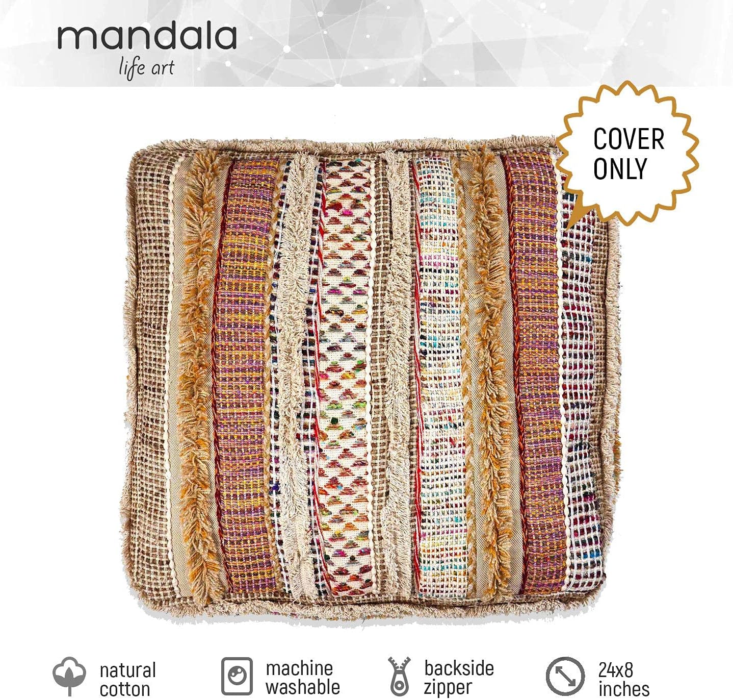 Mandala Life ART Bohemian Floor Cushion Cover - Pure Wool and Cotton Mix - 24x24x8 inches -Filler not Included - Artisan Hand Embroidery Patch Work - Boho Chic Luxury Moroccan Pouf Cover