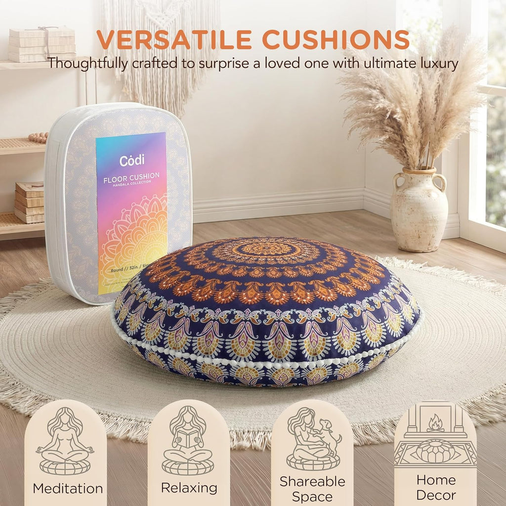 2Pcs 32 Inch Yellow Round Floor Pillows, Washable Memory Foam Meditation Cushions